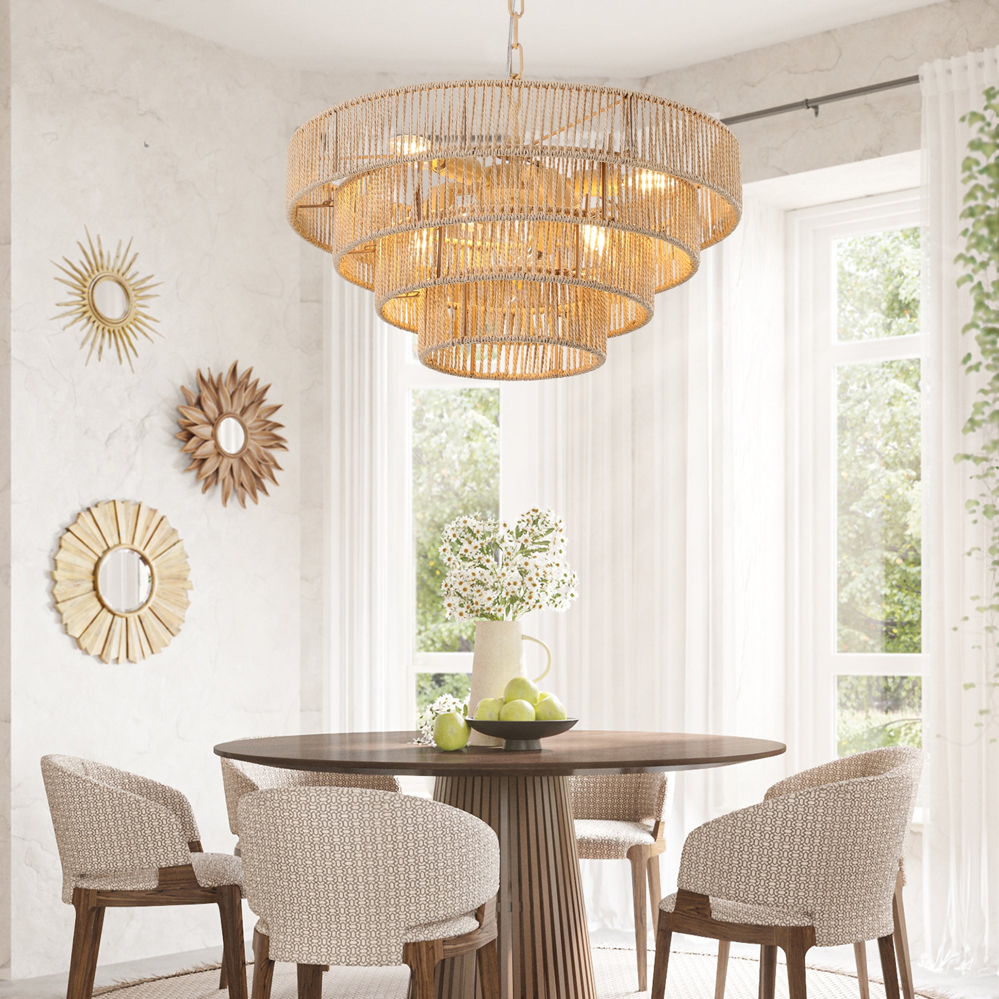 Bohemian Style Woven Pendant Light 19.7 Inch Rattan Light Large Rattan Pendant Light With 4-Tier Rattan Chandelier, Wood