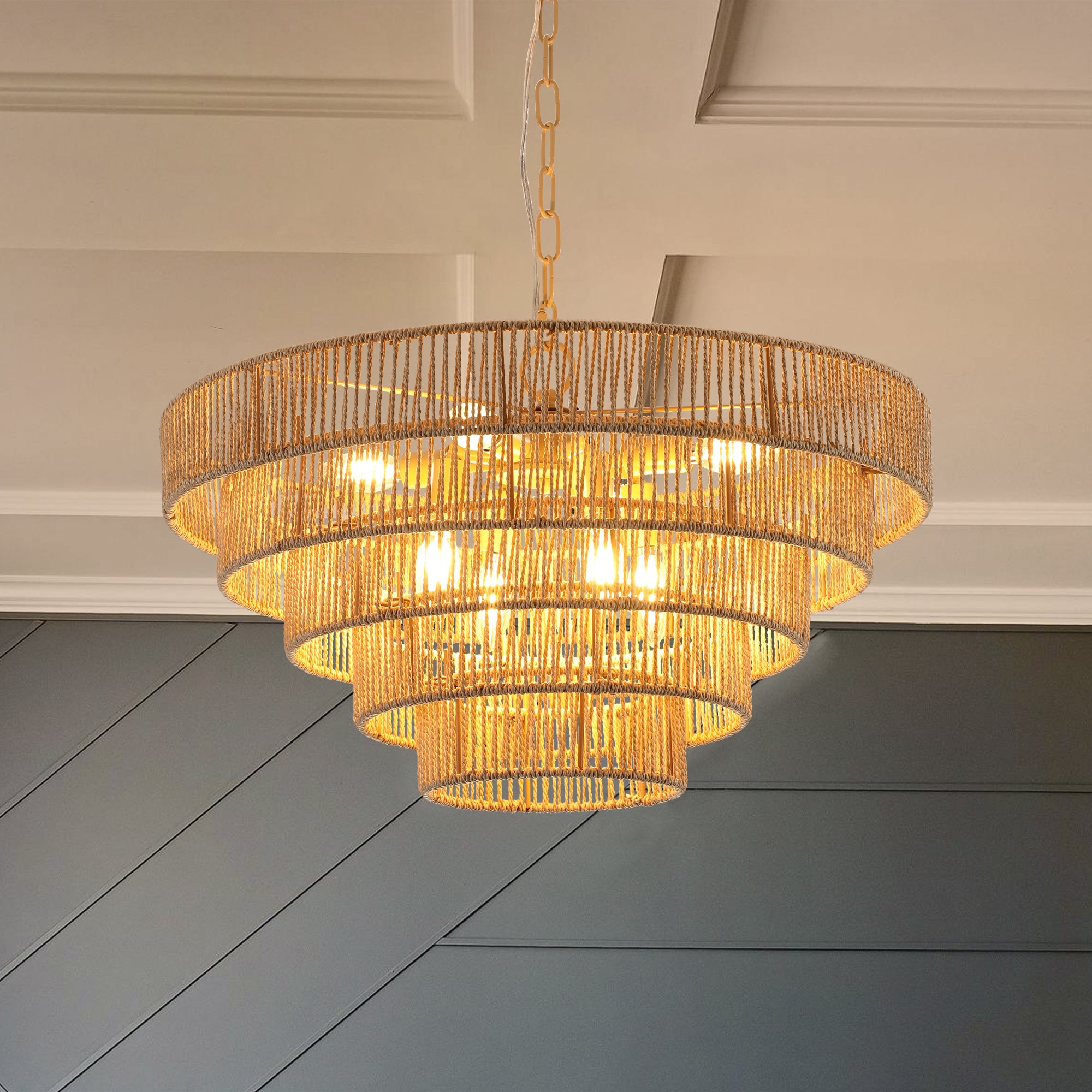 Bohemian Style Woven Pendant Light 23.6 Inch Rattan Light Large Rattan Pendant Light With 5-Tier Rattan Chandelier, Wood