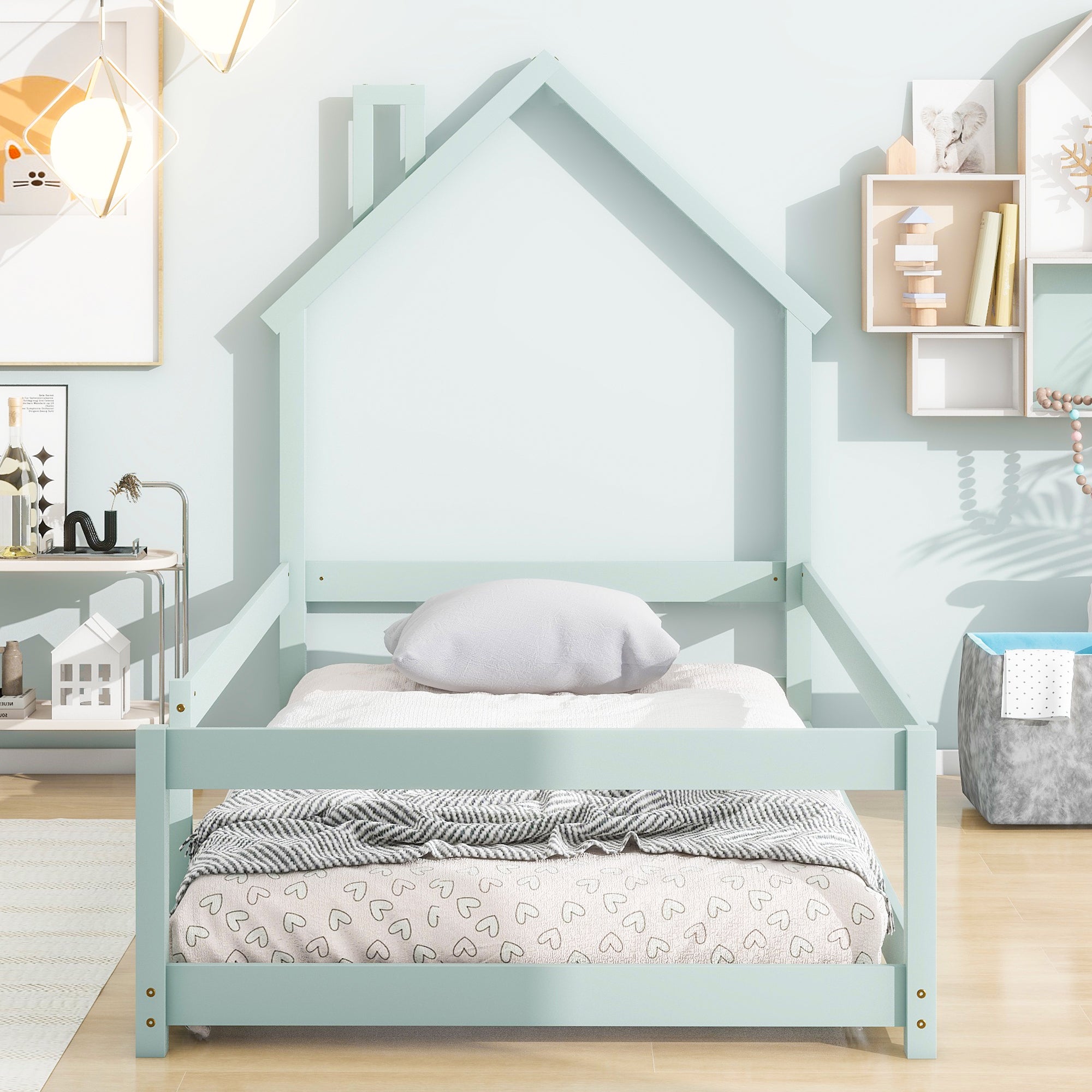 Twin Size Wood Bed With House-shaped Headboard Floor Bed With Fences, Light Green