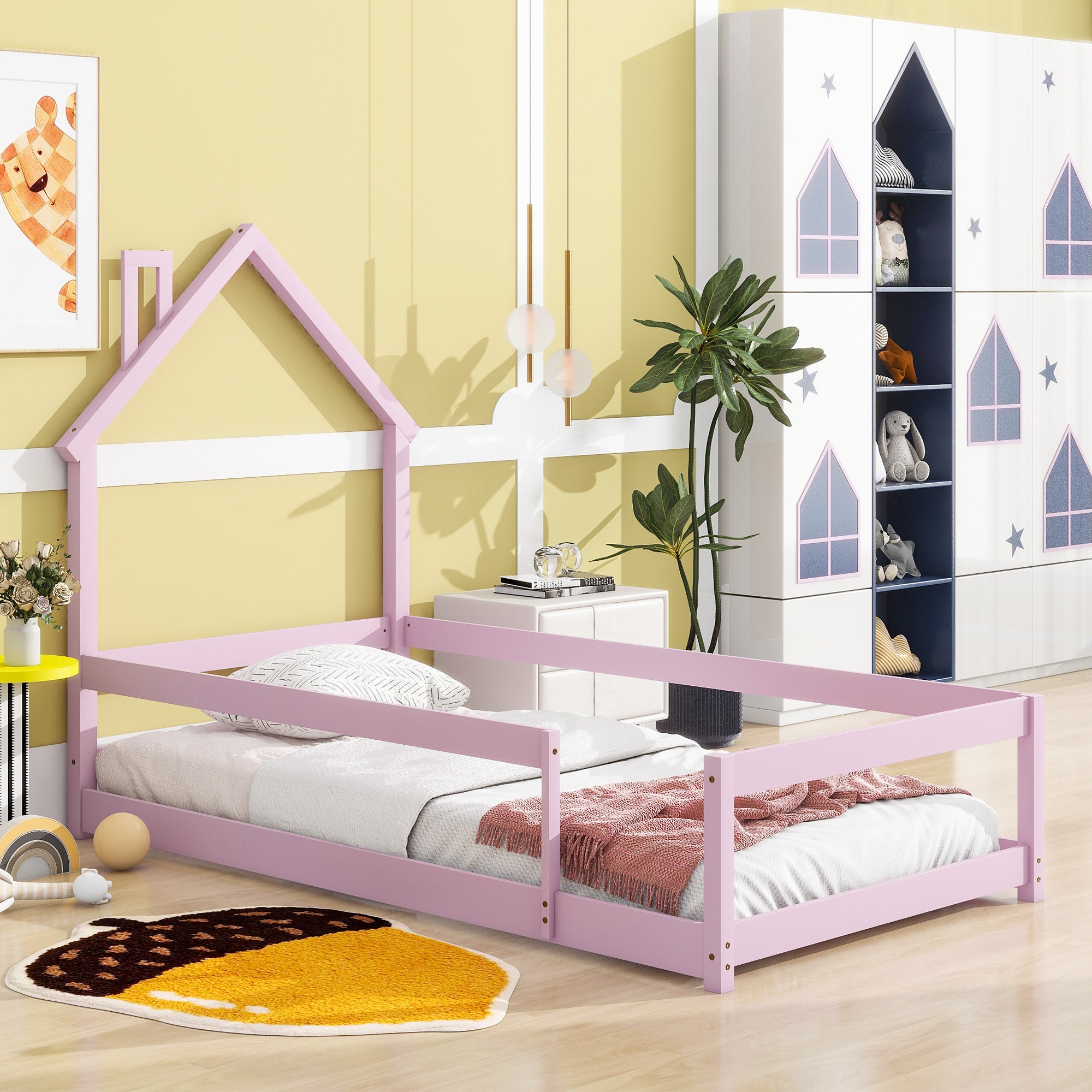 Twin Size Wood Bed With House-shaped Headboard Floor Bed With Fences, Pink