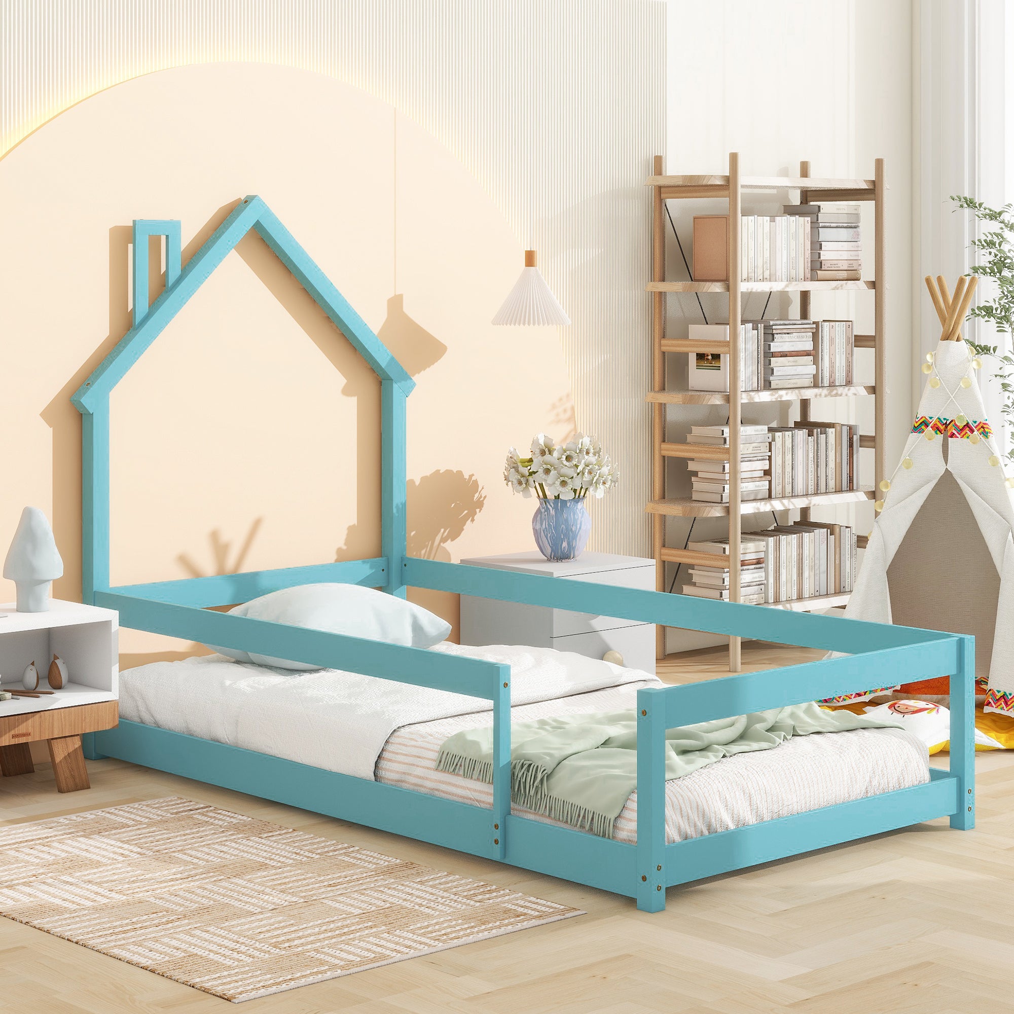 Twin Size Wood Bed With House-shaped Headboard Floor Bed With Fences, Light Blue