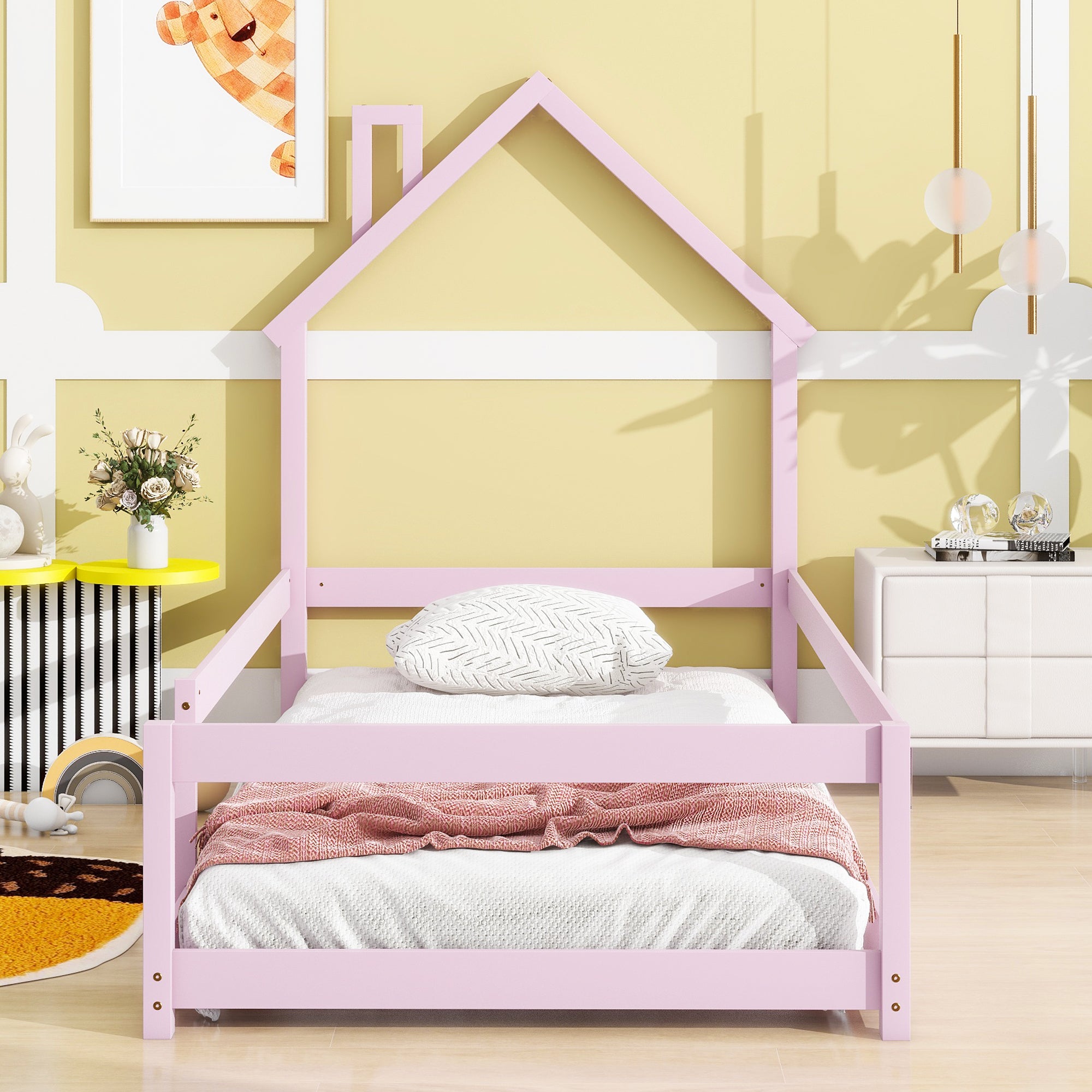 Twin Size Wood Bed With House-shaped Headboard Floor Bed With Fences, Pink