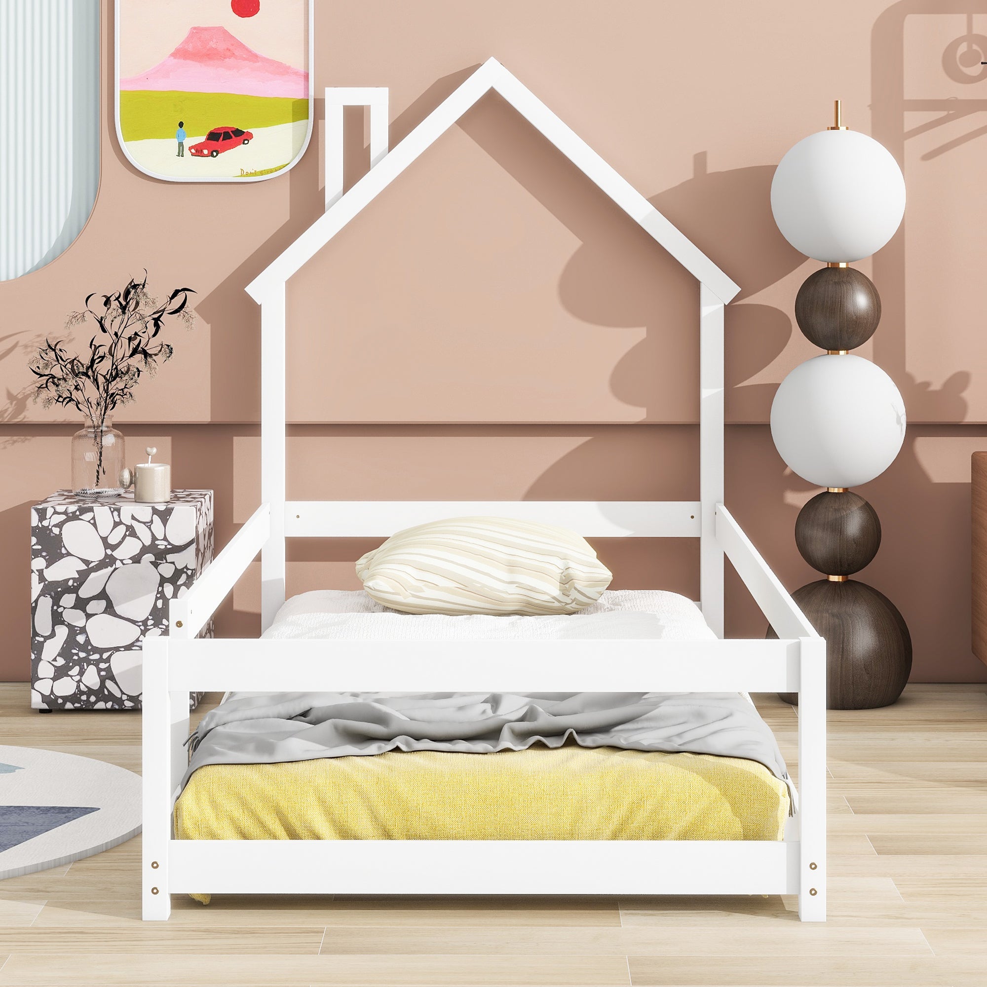 Twin Size Wood Bed With House-shaped Headboard Floor Bed With Fences, White