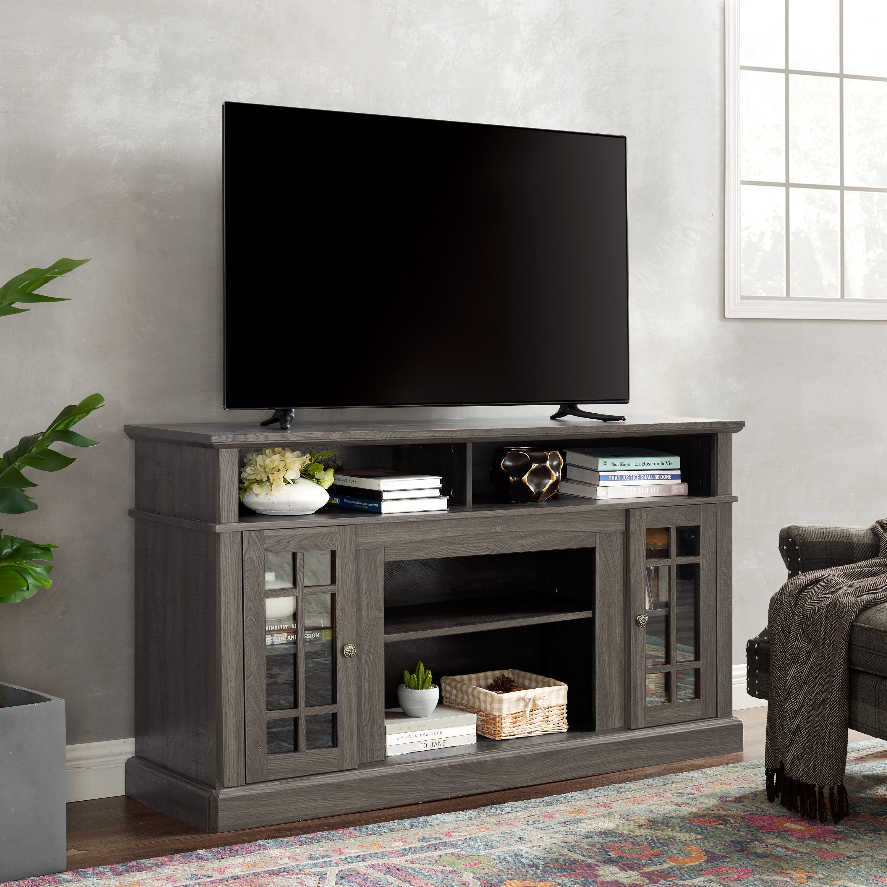 🆓🚛 Classic TV Media Stand Modern Entertainment Console for Tv Up To 65" With Open and Closed Storage Space, Dark Walnut/Black, 58.25"W*15.75"D*32"H