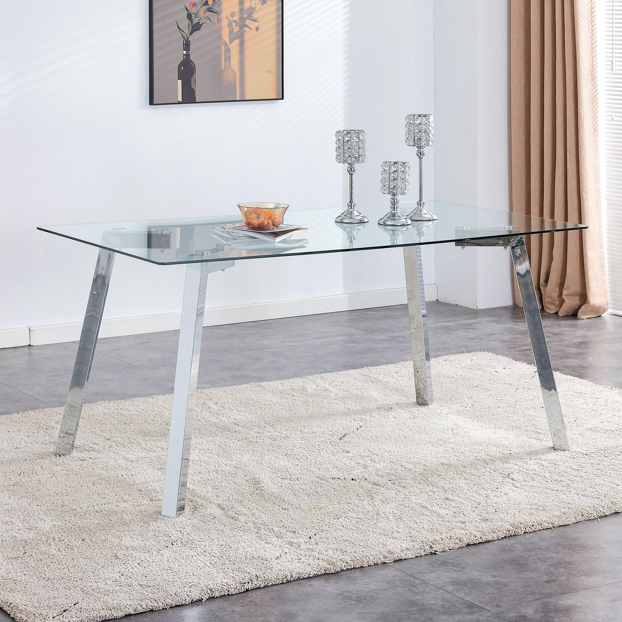 A Modern Minimalist Rectangular Glass Dining Table With Tempered Glass Tabletop And Silver Metal Legs, Suitable For Kitchens, Restaurants, And Living Rooms, 63"*35.4"*30"