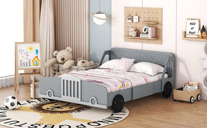 Full Size Car-Shaped Platform Bed with Wheels, Gray