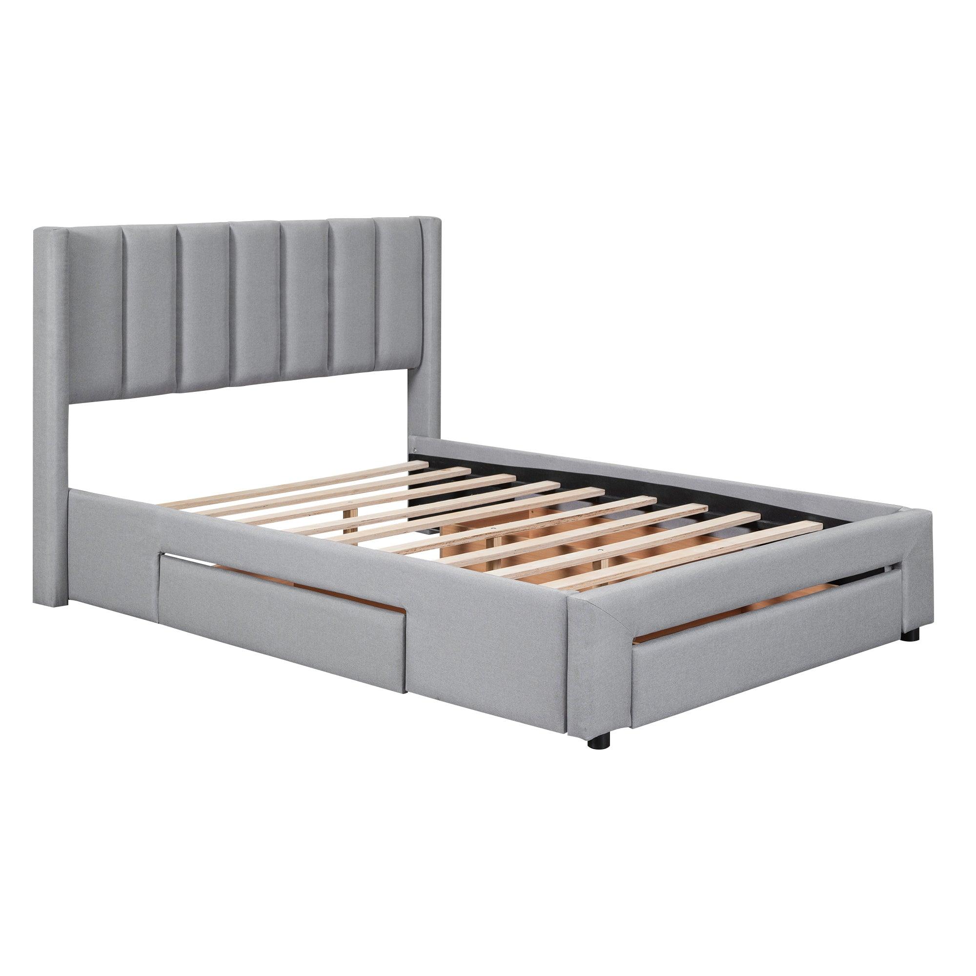 Full Size Upholstered Platform Bed with One Large Drawer in the Footboard and Drawer on Each Side, Gray