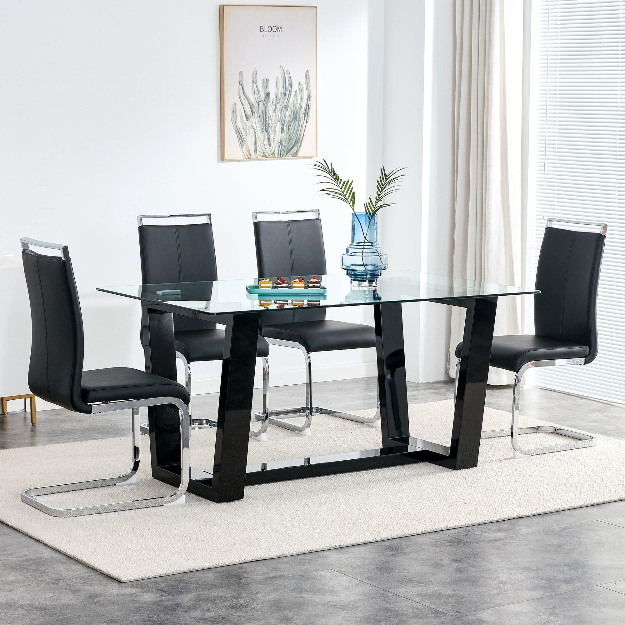 Glass Dining Table Large Modern Minimalist Rectangular  for 6-8 with 0.4" Tempered Glass Tabletop and Black MDFTrapezoid Bracket, For Kitchen Dining Living Meeting Room Banquet Hall