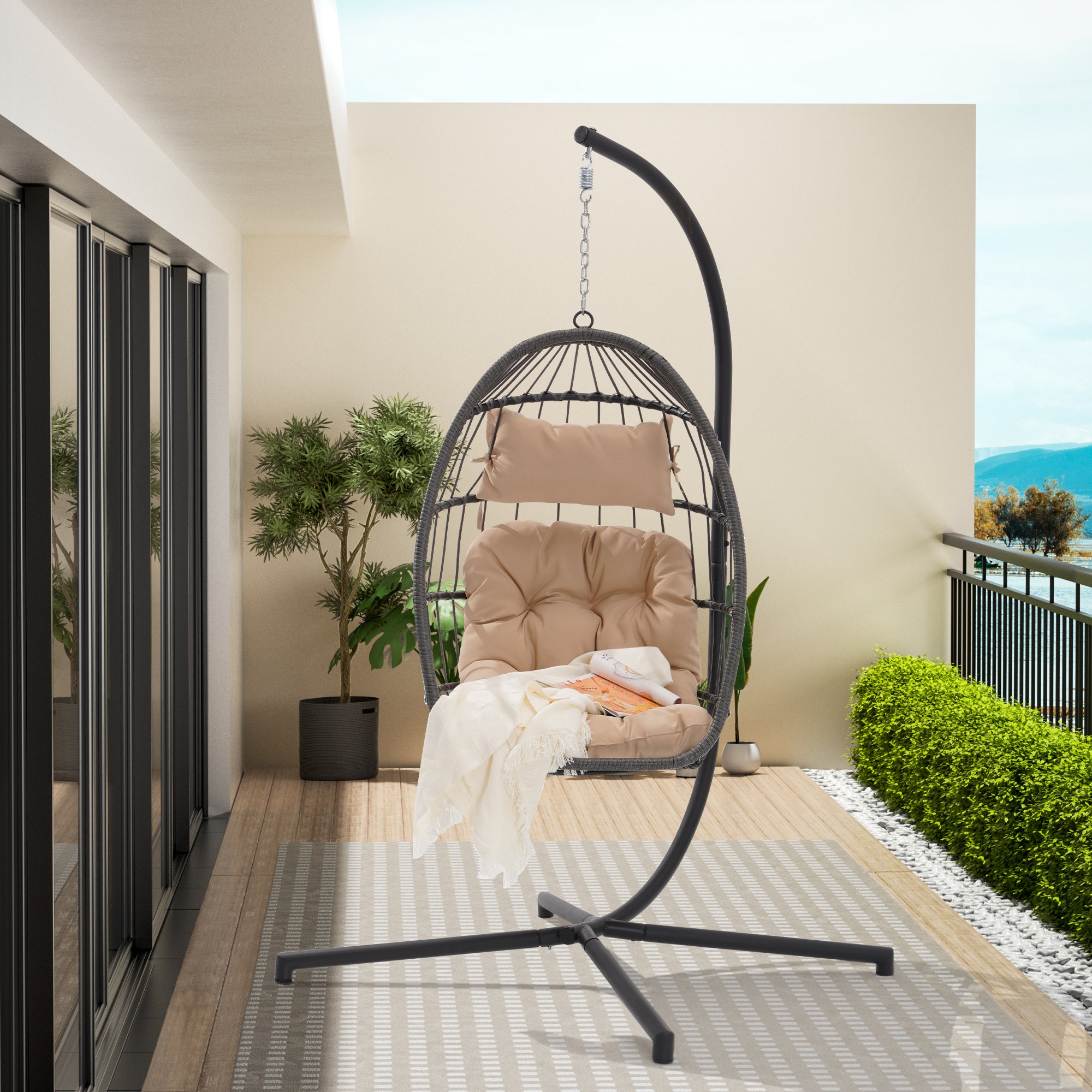 🆓🚛 Outdoor Garden Rattan Egg Swing Chair Hanging Chair Wood, Khaki