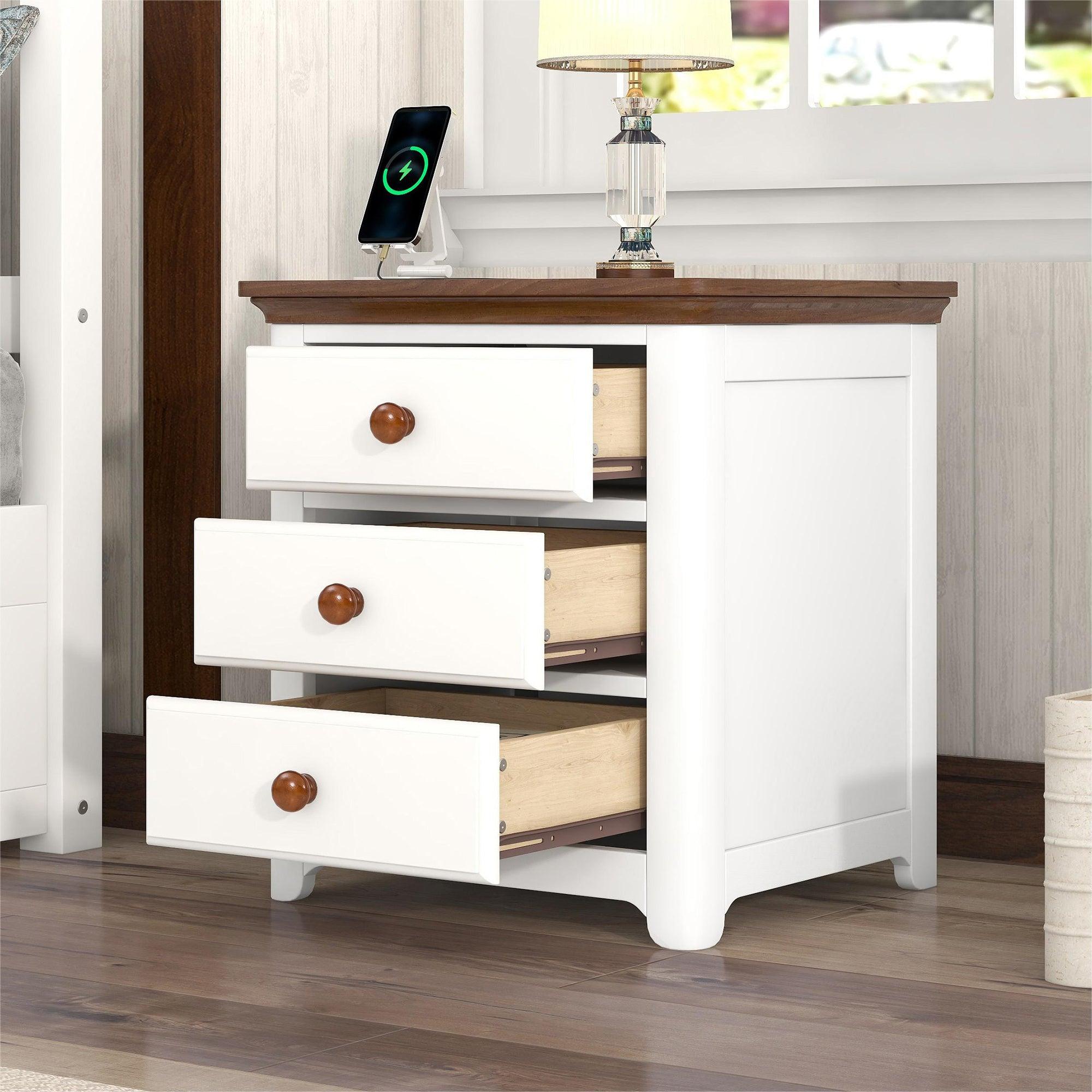 🆓🚛 Wooden Nightstand With Usb Charging Ports & Three Drawers, End Table for Bedroom, White+Walnut