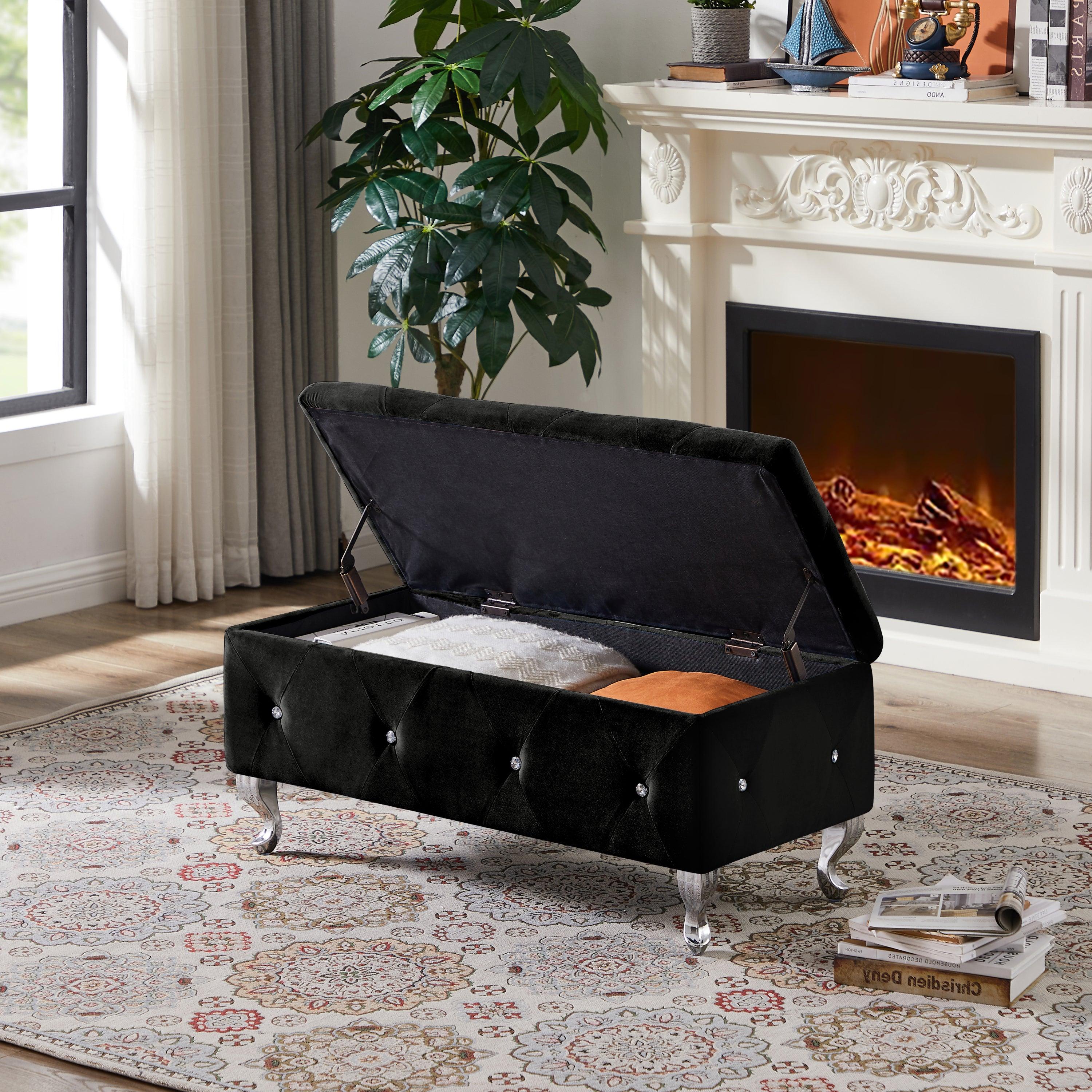 🆓🚛 Upholstered Velvet Storage Ottoman Bench, Flip Top, Metal Leg With Footpad, for Living Room, Entryway, Bedroom, Black