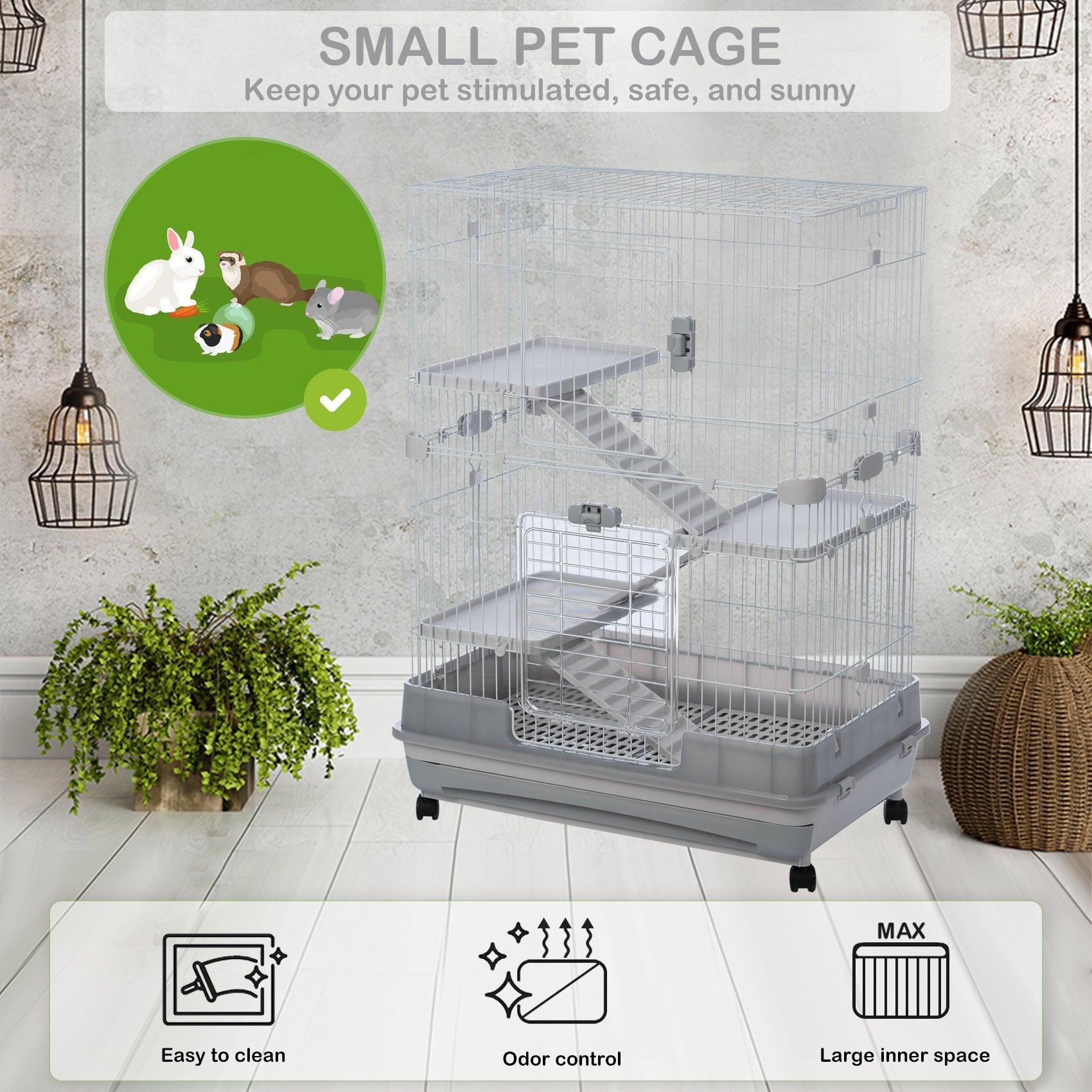 4-Tier 32" Small Animal Metal Cage Height Adjustable With Lockable Casters  Grilles Pull-Out Tray For Rabbit Chinchilla Ferret Bunny Guinea Pig Squirrel Hedgehog, GREY