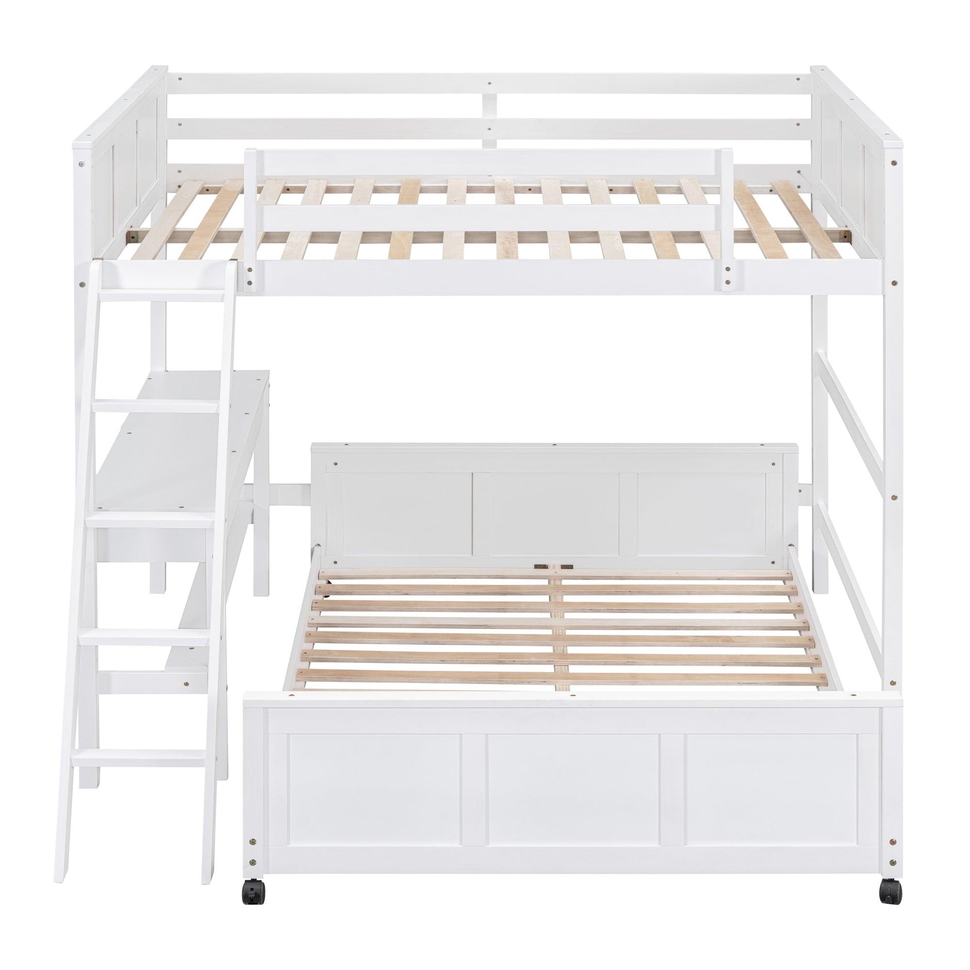 Full Over Full Bunk Bed with Desk, White