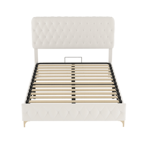 Full Platform Bed Frame With pneumatic hydraulic function, Velvet Upholstered Bed with Deep Tufted Buttons, Lift up storage bed With Hidden Underbed Oversized Storage, BEIGE