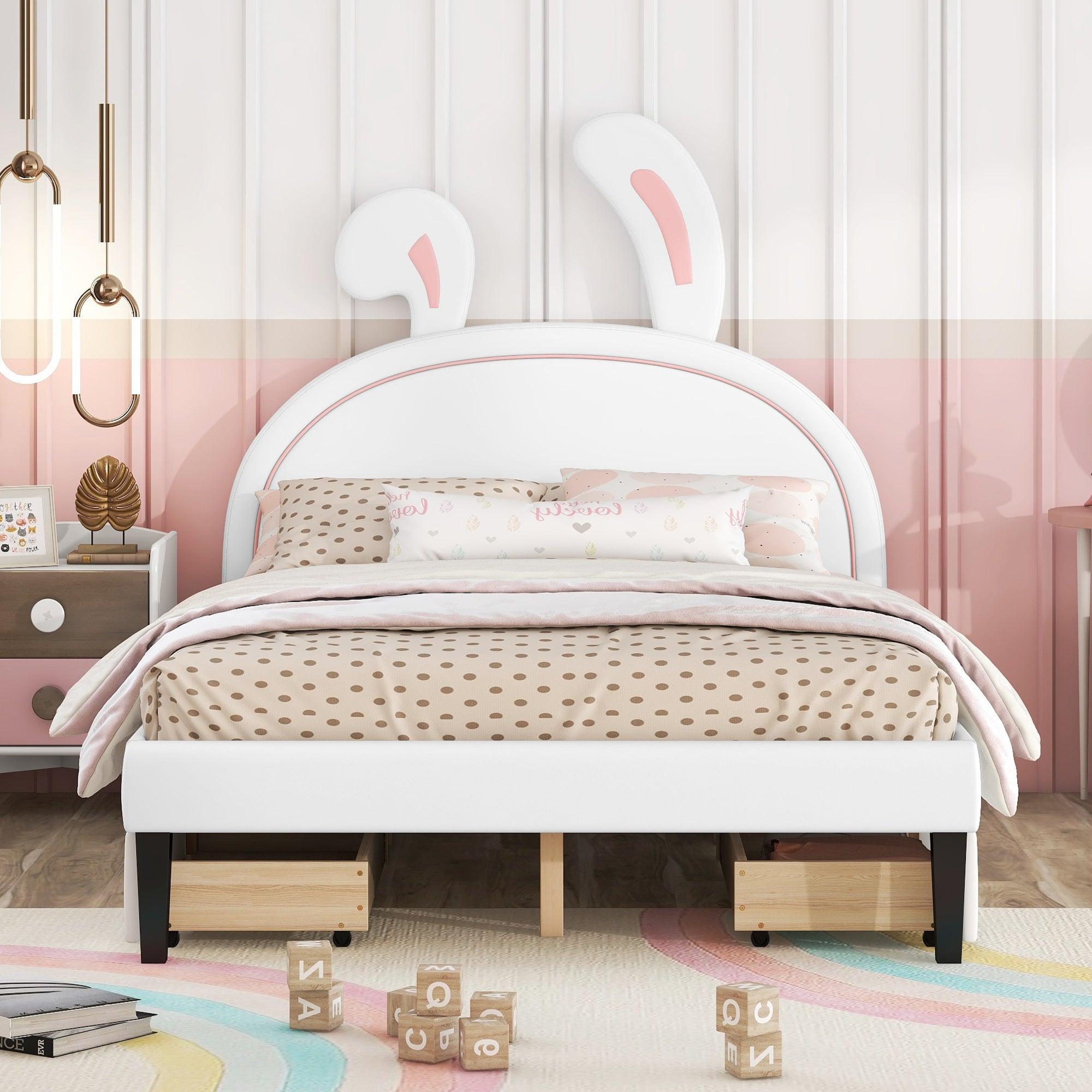 Full Size Upholstered Leather Platform Bed with Rabbit Ornament and 4 Drawers, White