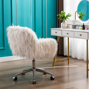 HengMing Modern Faux Fur Home Office Chair, Fluffy Chair For Girls, Makeup Vanity Chair