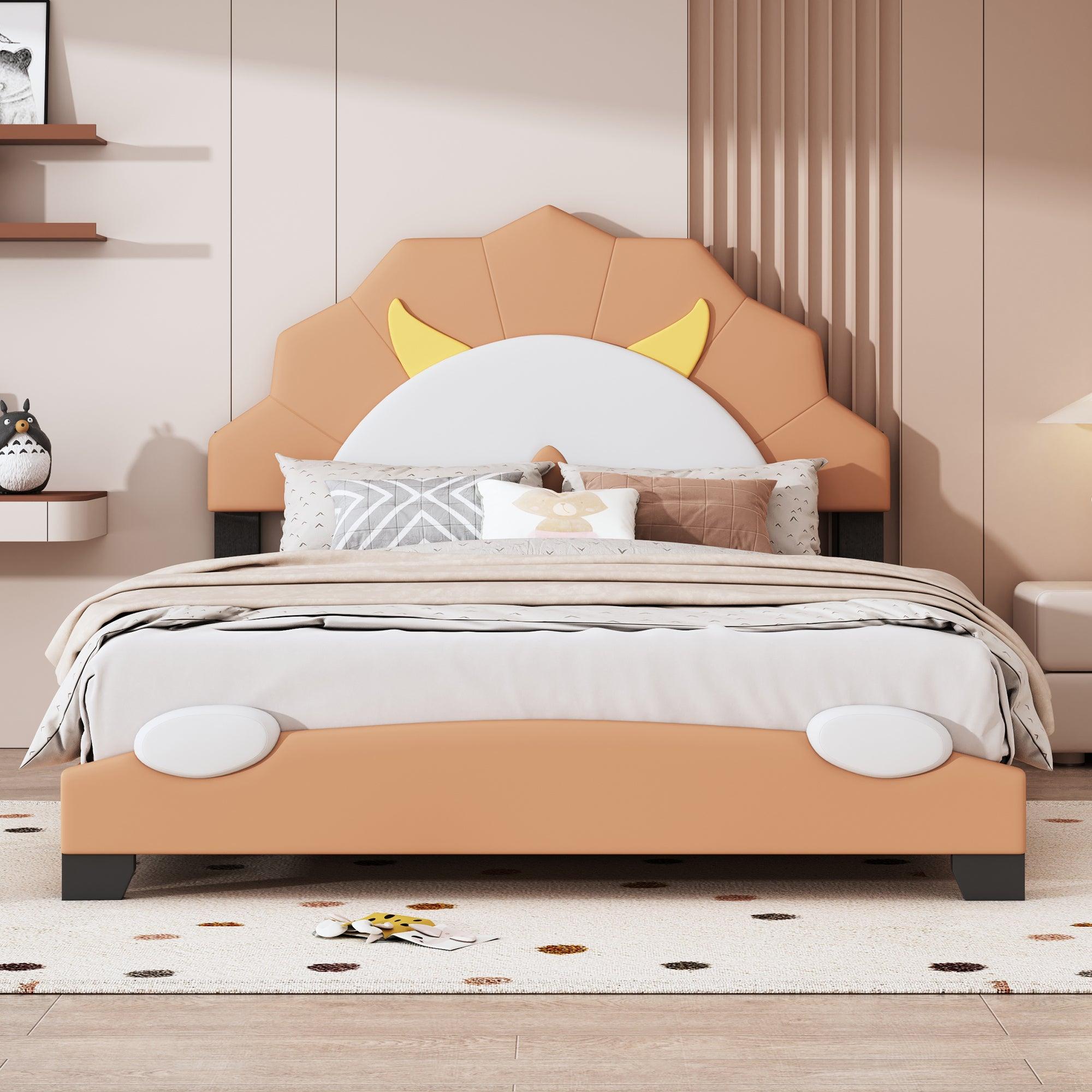 🆓🚛 Full Size Upholstered Leather Platform Bed With Lion-Shaped Headboard, Brown