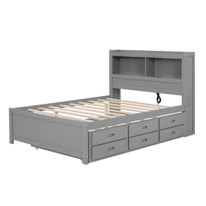 Full Size platform bed with trundle, drawers and USB plugs, Gray