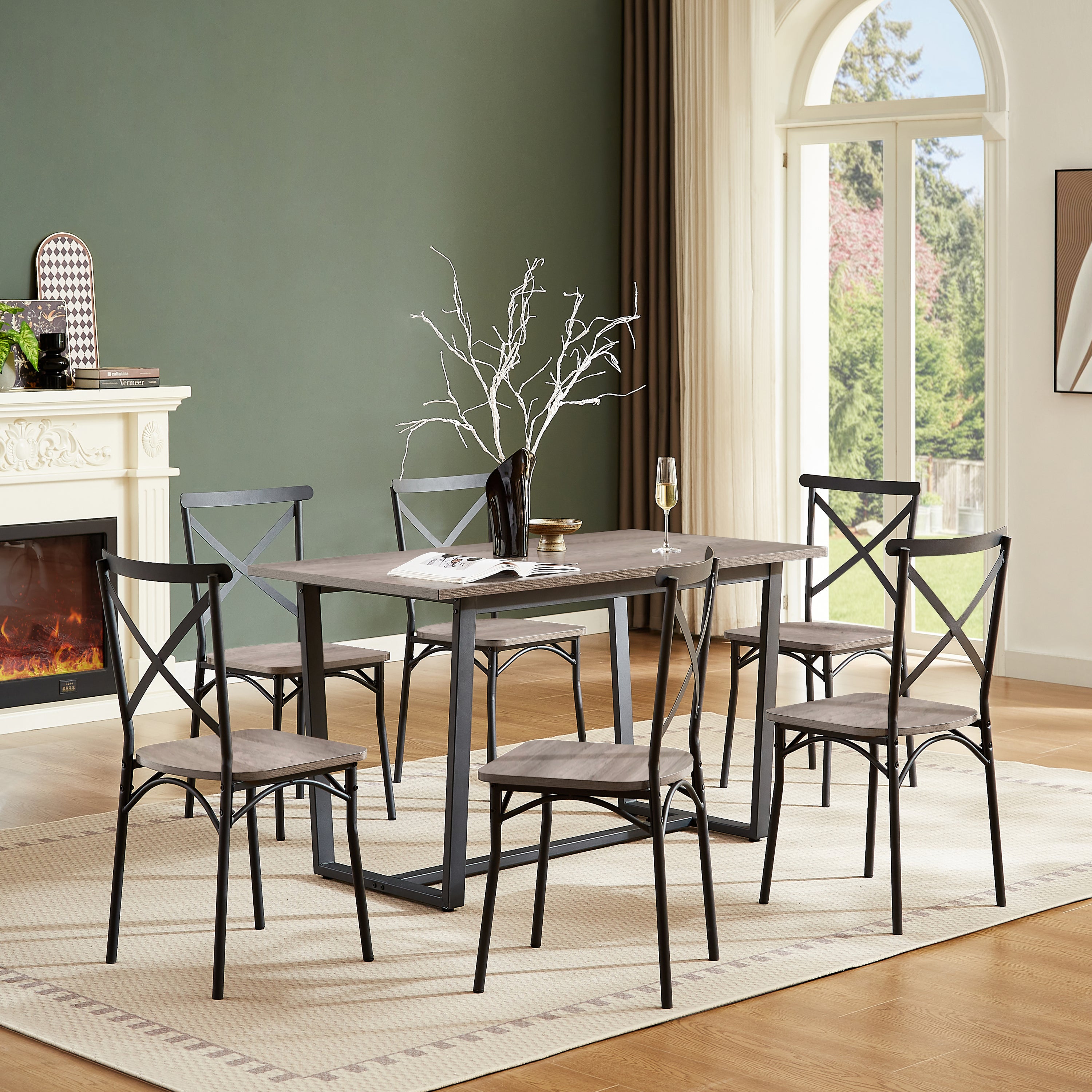 🆓🚛 7-Piece Kitchen Table Set, 1 Table, 6 Chairs, Perfect for Kitchen, Breakfast Nook, Living Room Occasions, Gray