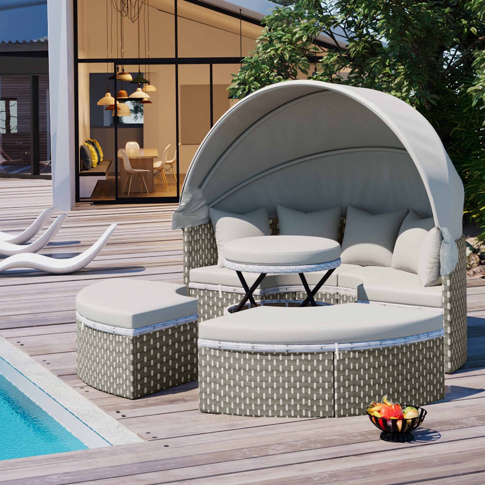 🆓🚛 Patio Furniture Round Outdoor Sectional Sofa Set Rattan Daybed Two-Tone Weave Sunbed With Retractable Canopy, Separate Seating and Removable Cushion, Gray