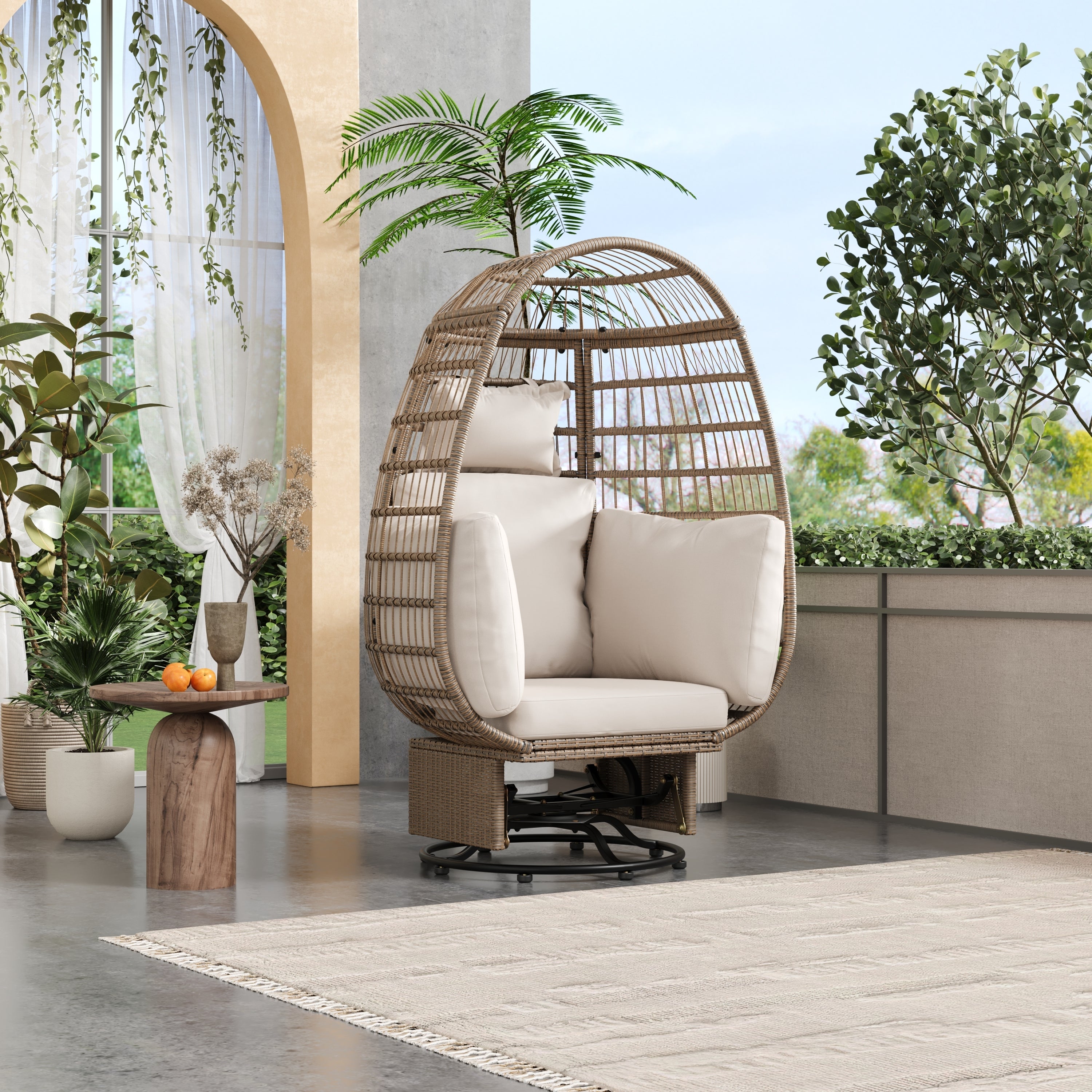 🆓🚛 Outdoor Swivel Chair With Cushions, Rattan Egg Patio Chair With Rocking Function for Balcony, Poolside and Garden, Natural Wicker + Beige Cushion