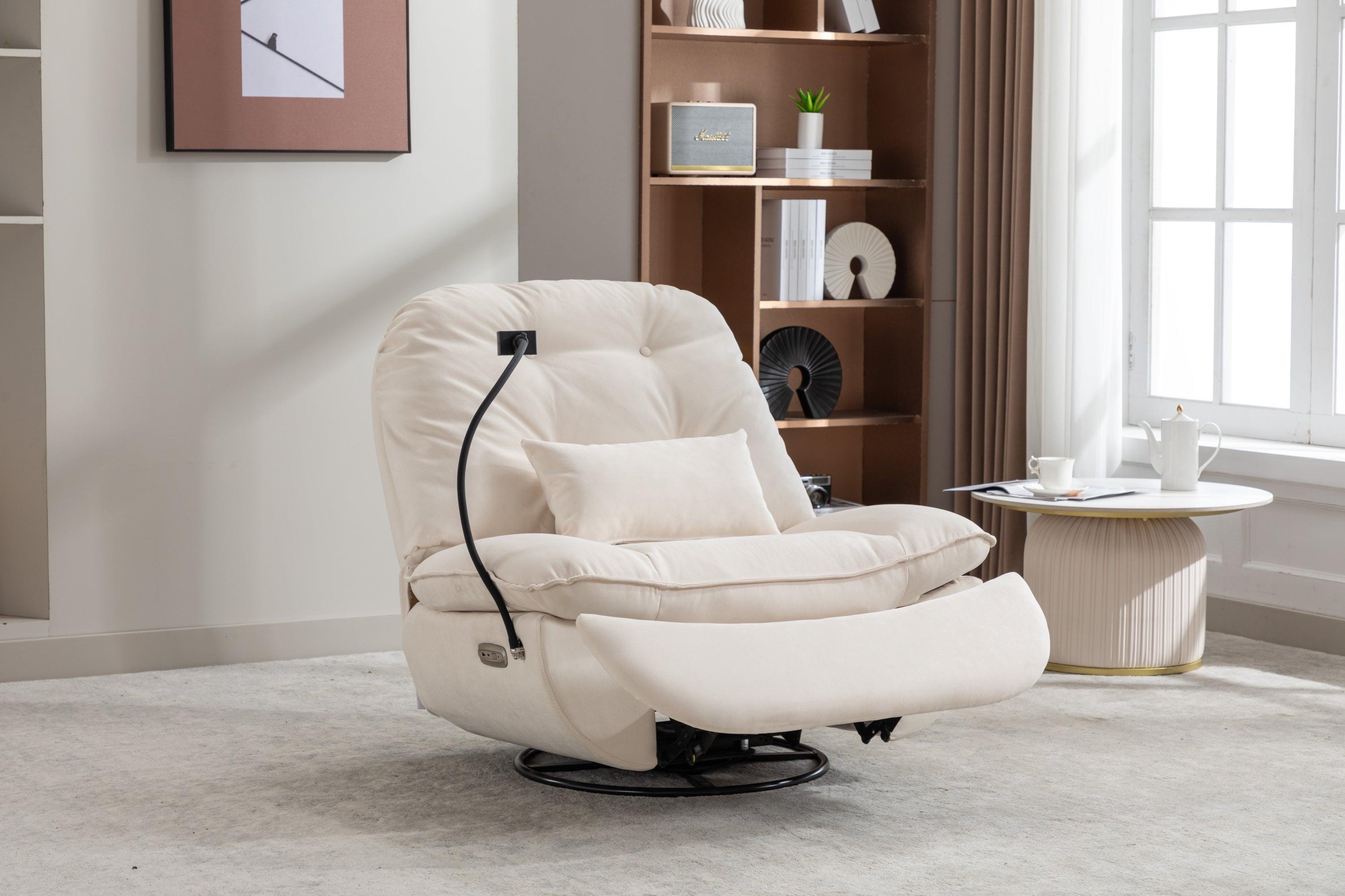🆓🚛 270 Degree Swivel Power Recliner, Bluetooth Music Player, Usb Ports, 4 Modes Of Intelligent Voice Control, Back & Forth Swing, Hidden Arm Storage & Mobile Phone Holder, Cream Color