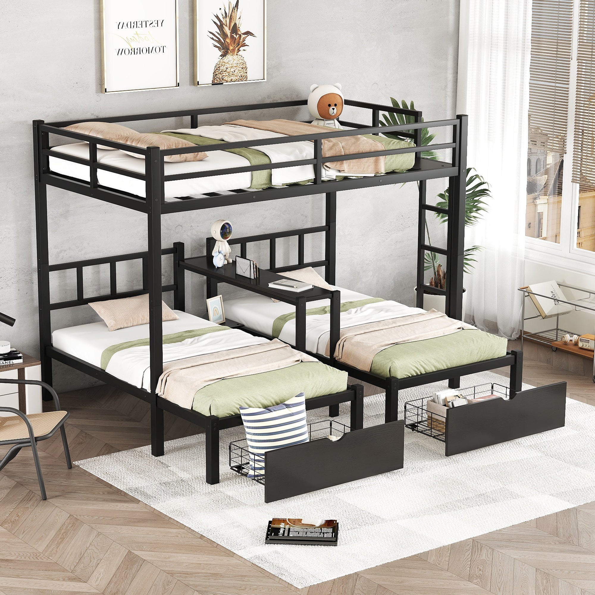 Full Xl Over Twin & Twin Triple Bunk Bed With Drawers, Multi-Functional Metal Frame Bed With Desks and Shelves In The Middle, Black