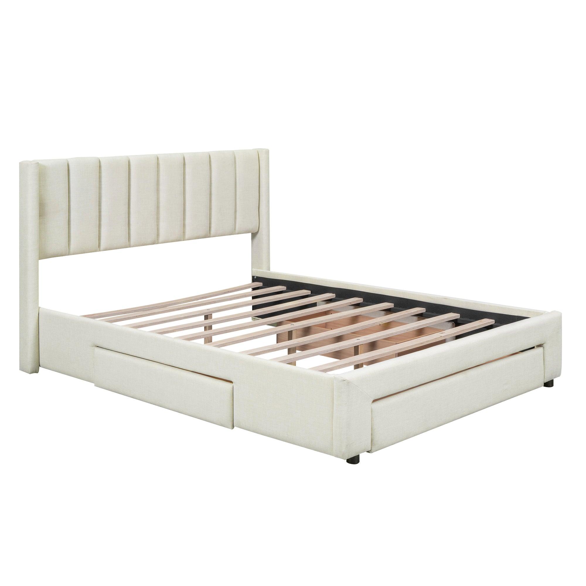 Full Size Upholstered Platform Bed with One Large Drawer in the Footboard and Drawer on Each Side, Beige