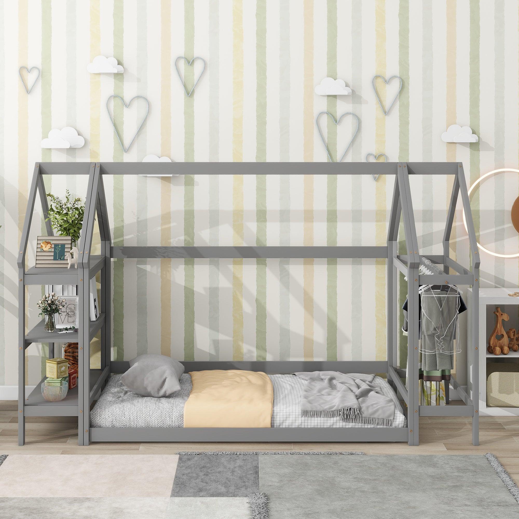 🆓🚛 Twin House-Shaped Floor Bed With 2 Detachable Stands, Gray