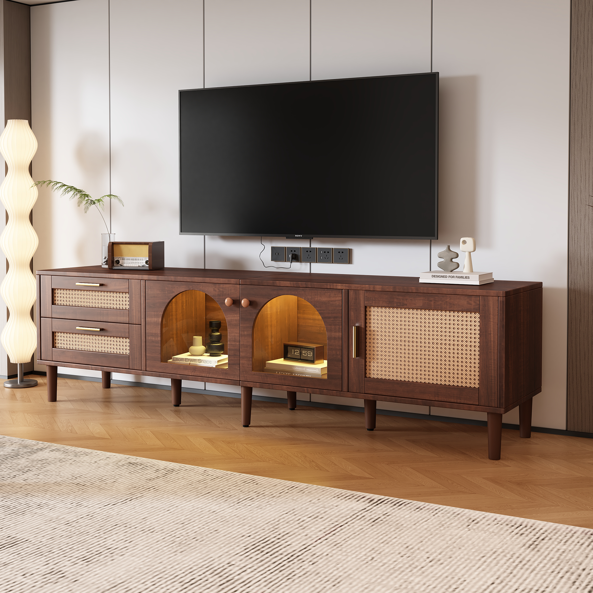 Rattan TV Stand with 3 Cabinets & 2 Drawers, Rattan-inspired Media Console Table for TV's up to 80'', LED Light Entertainment Center, TV cabinet for Living room, Bedroom, Home Theatre