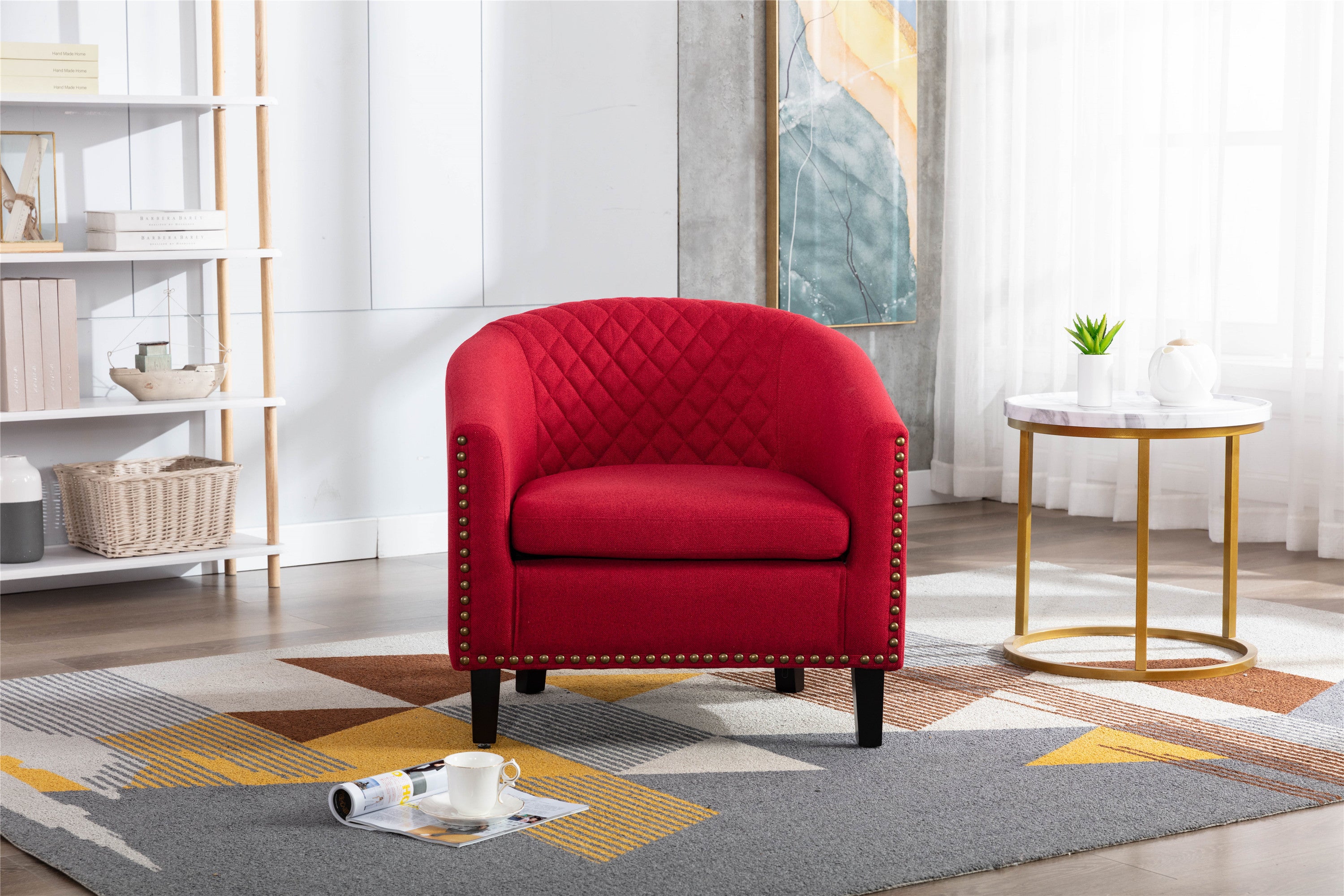 🆓🚛 Accent Barrel Chair Living Room Chair With Nailheads and Solid Wood Legs, Red Linen