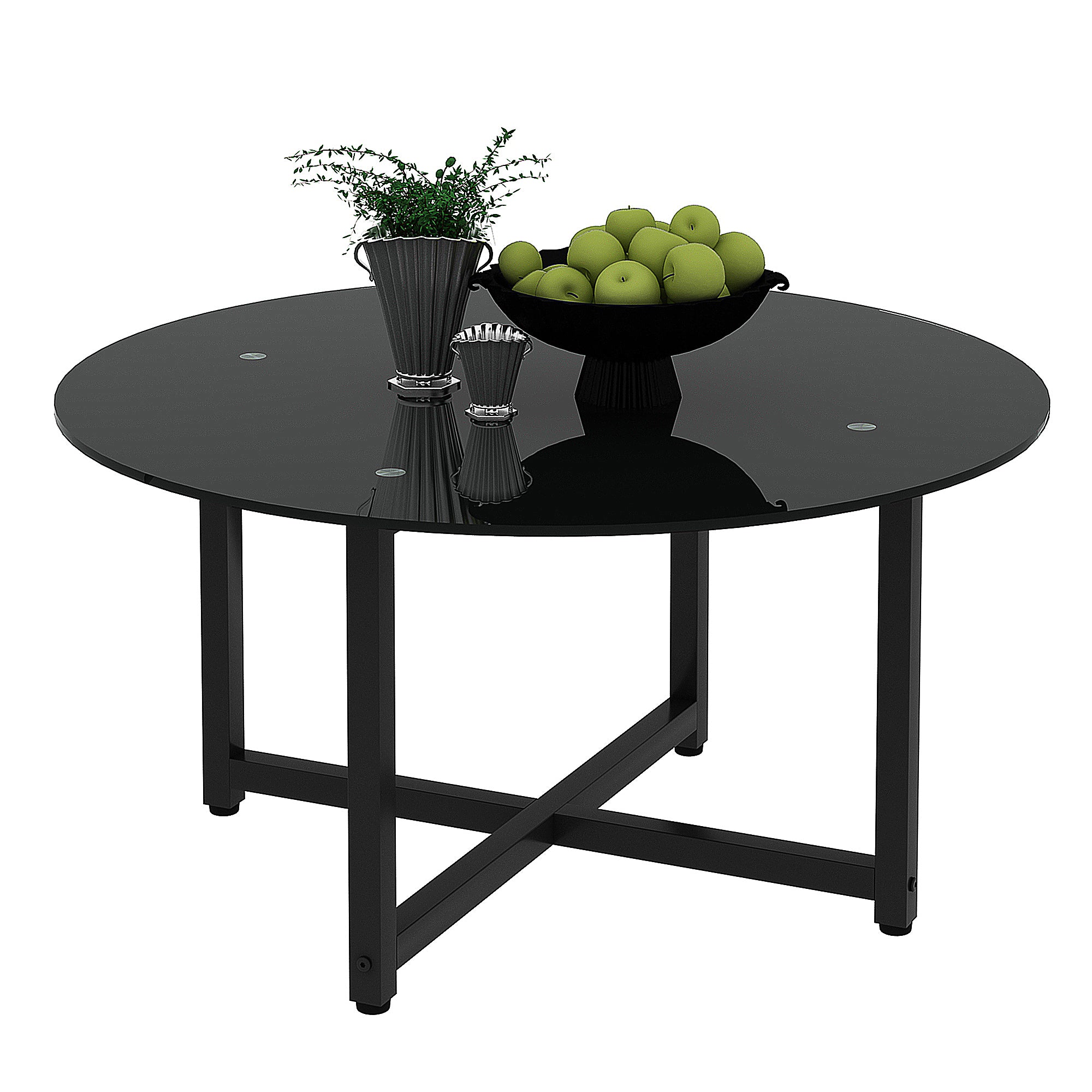 35.5" Round Whole Black Coffee Table, Clear Coffee Table, Modern Side Center Tables for Living Room