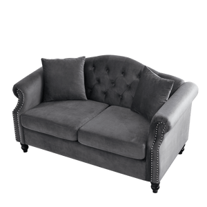 57" Chesterfield Sofa Grey Velvet for Living Room, 2 Seater Sofa Tufted Couch with Rolled Arms and Nailhead, with 2 Pillows