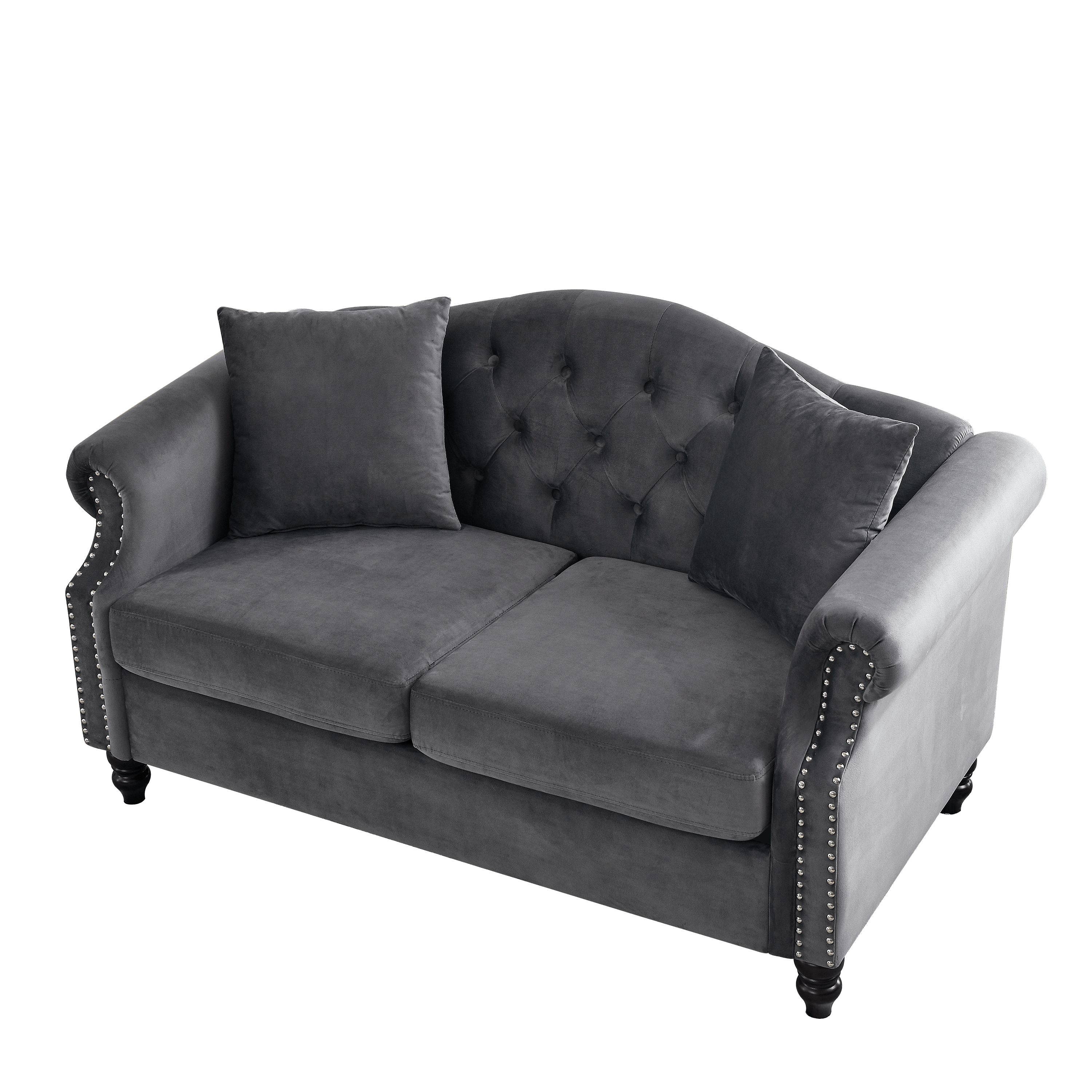 57" Chesterfield Sofa Grey Velvet for Living Room, 2 Seater Sofa Tufted Couch with Rolled Arms and Nailhead, with 2 Pillows