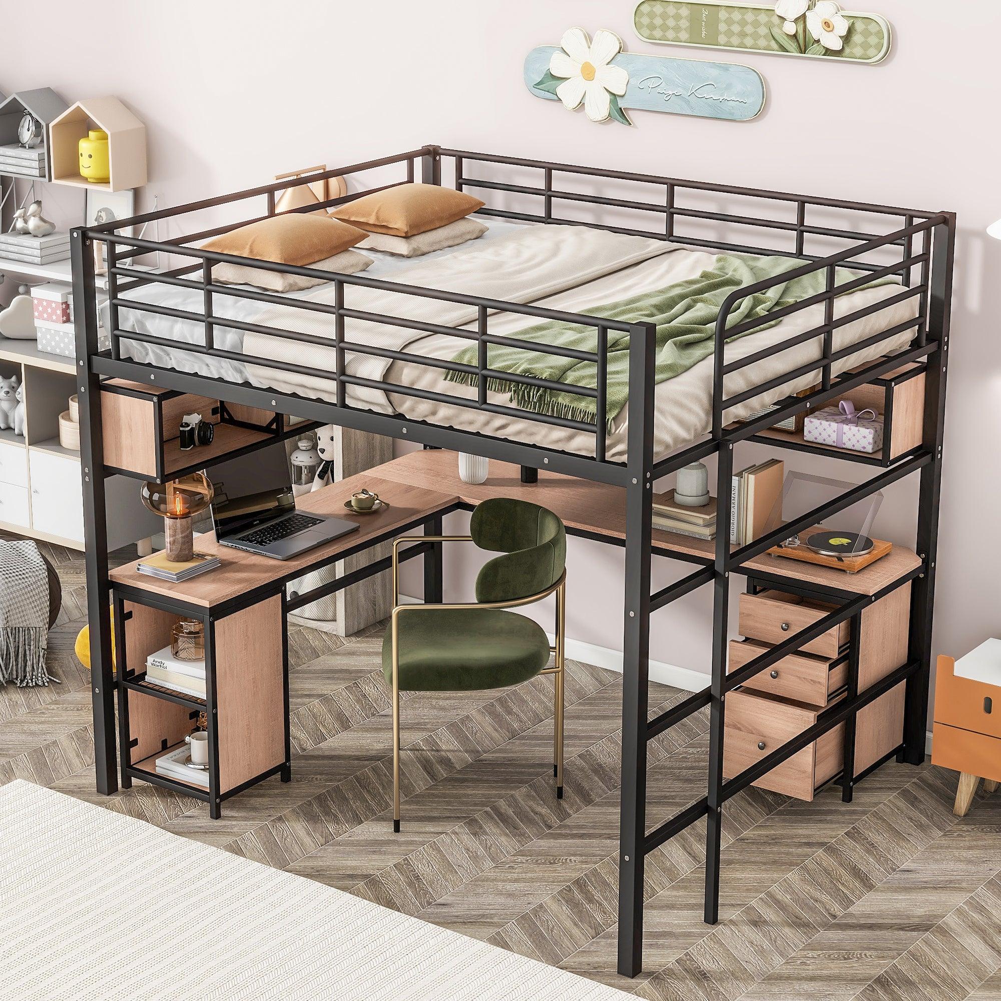 🆓🚛 Metal Loft Bed With Bookcase, Desk & Cabinet, Full, Black