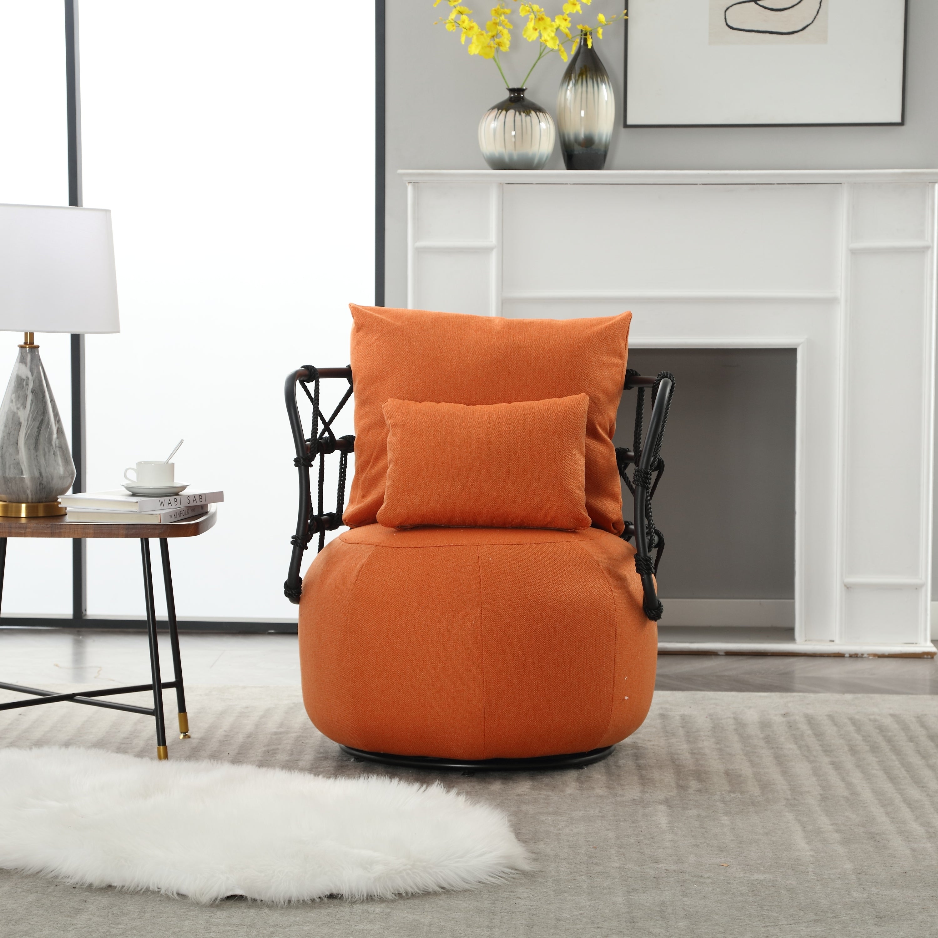 🆓🚛 Upholstered Tufted Living Room Chair Textured Linen Fabric Accent Chair With Metal Stand, Orange