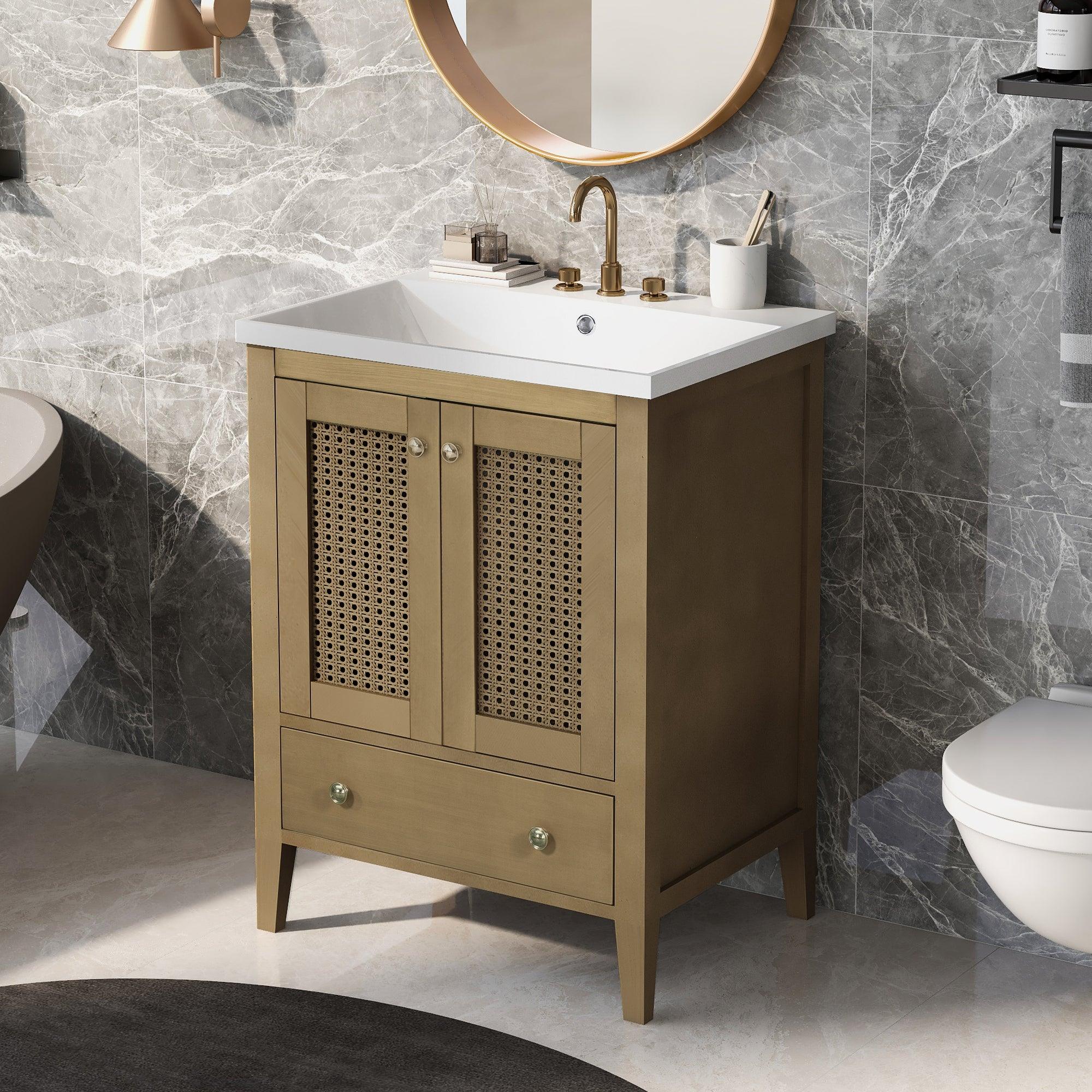 🆓🚛 24" Bathroom Vanity With Ceramic Basin, Rattan Bathroom Storage Cabinet With Two Doors & Drawer, Solid Frame, Natural