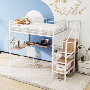 Full Size Metal Loft Bed with Desk and Metal Grid, Stylish Metal Frame Bed with Lateral Storage Ladder and Wardrobe, White