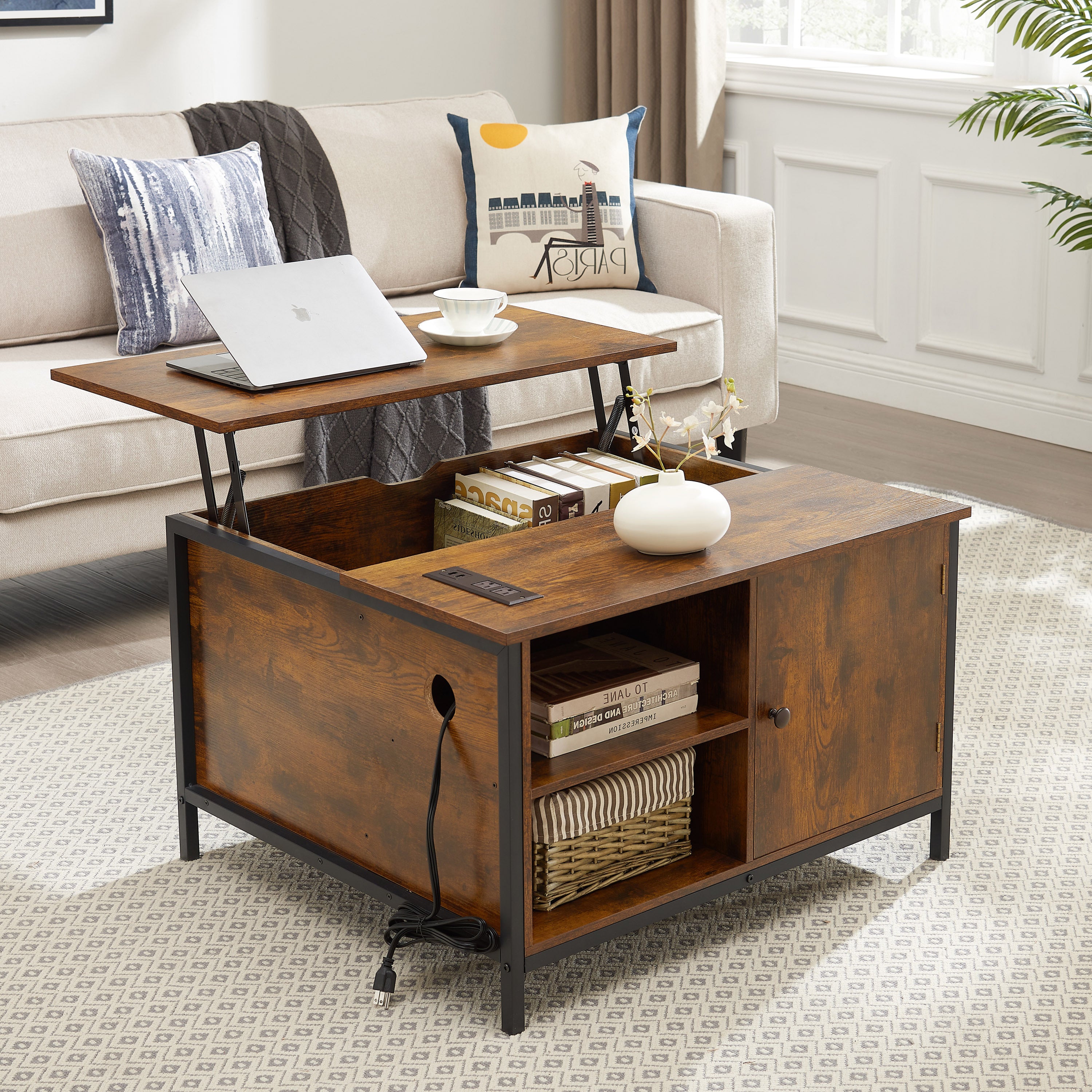 🆓🚛 Lift Top Coffee Table, Multi-Function Coffee Table With Hidden Compartment, Modern Lift Tabletop Dining Table for Living Room Reception/Home Office, Rustic Brown