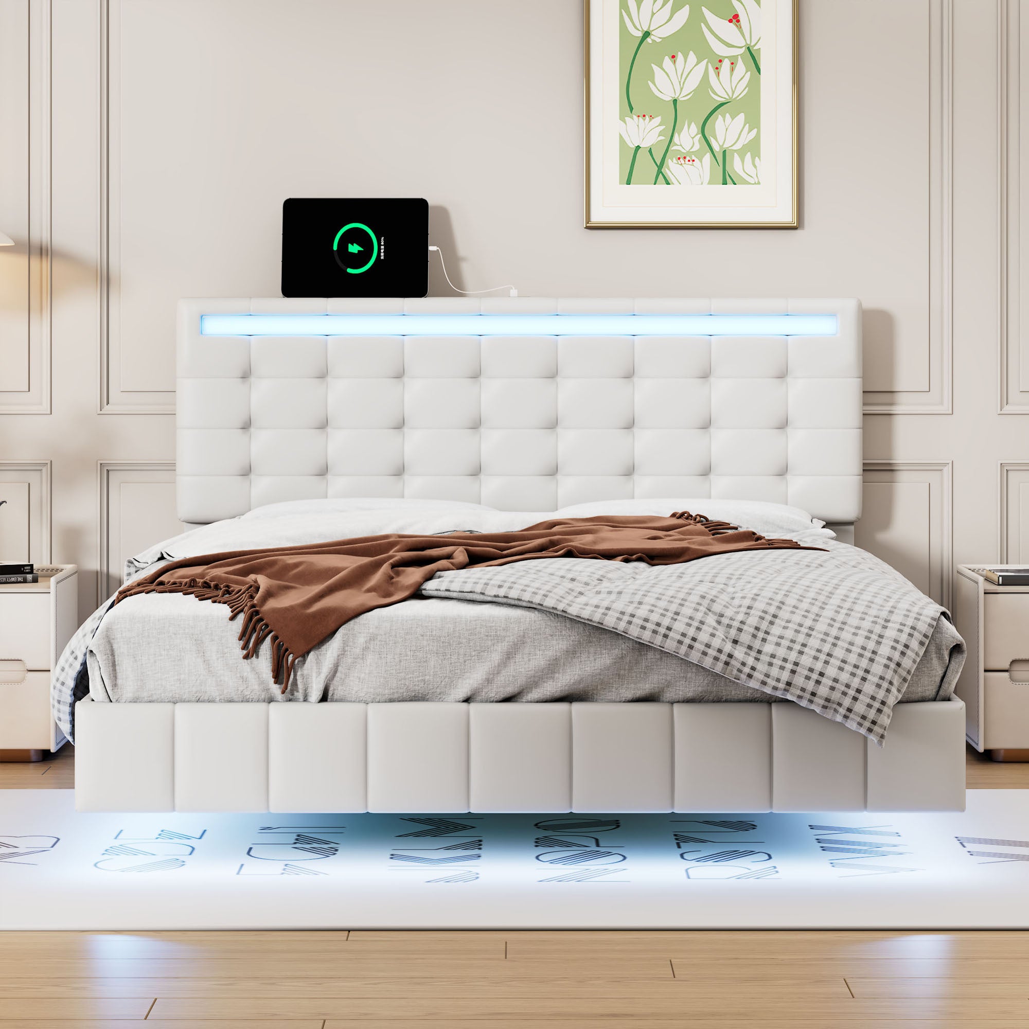 Full Size Floating Bed Frame with LED Lights and USB Charging, Modern Upholstered Platform LED Bed Frame, White