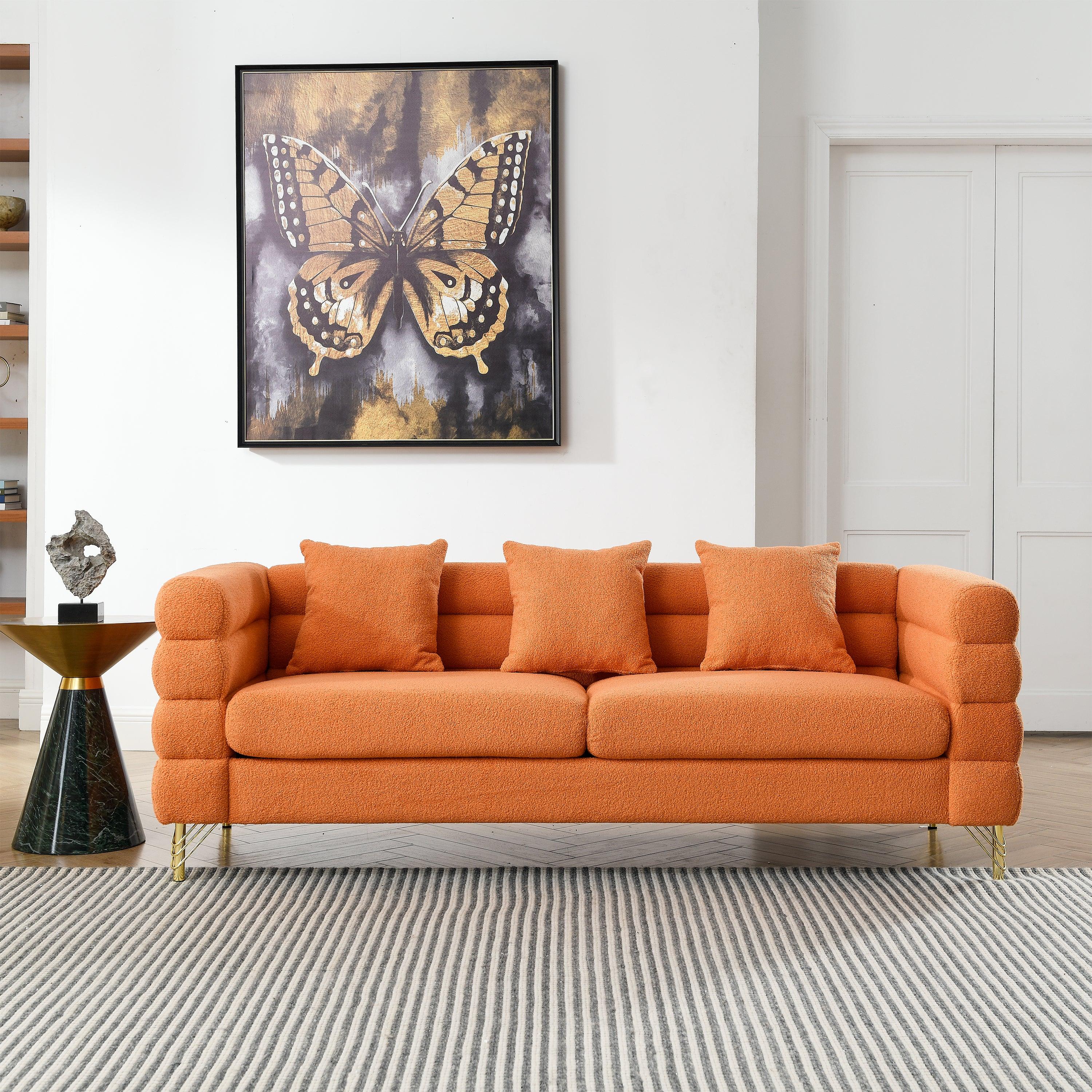 🆓🚛 81" Oversized 3 Seater Sectional Sofa, Living Room Comfort Fabric Sectional Sofa-Deep Seating Sectional Sofa, Soft Sitting With 3 Pillows for Living Room, Bedroom, Office, Orange Teddy