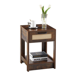 15.75" Rattan End table with  drawer, Modern nightstand, side table for living room, bedroom, Rustic Brown