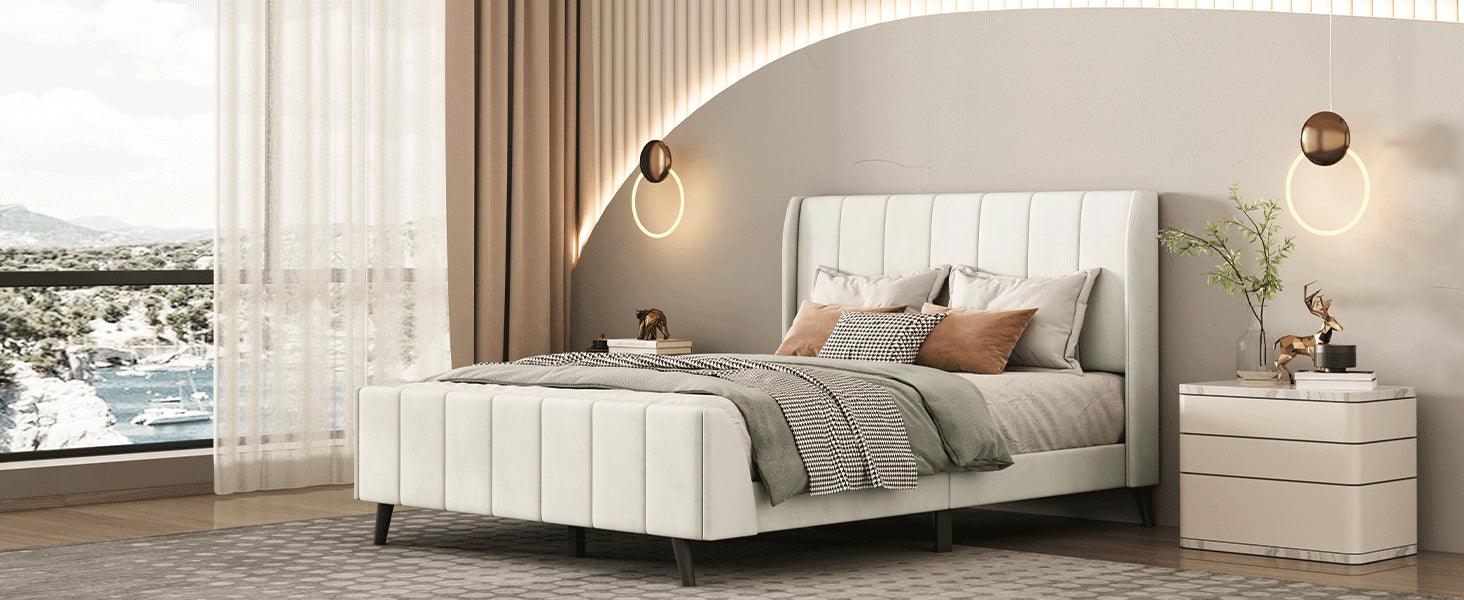 Full Size Upholstered Platform Bed, Velvet, Beige