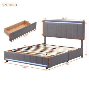 Full Size Upholstered Bed with LED Light and 4 Drawers,  Modern Platform Bed with a set of Sockets and USB Ports, Linen Fabric, Gray