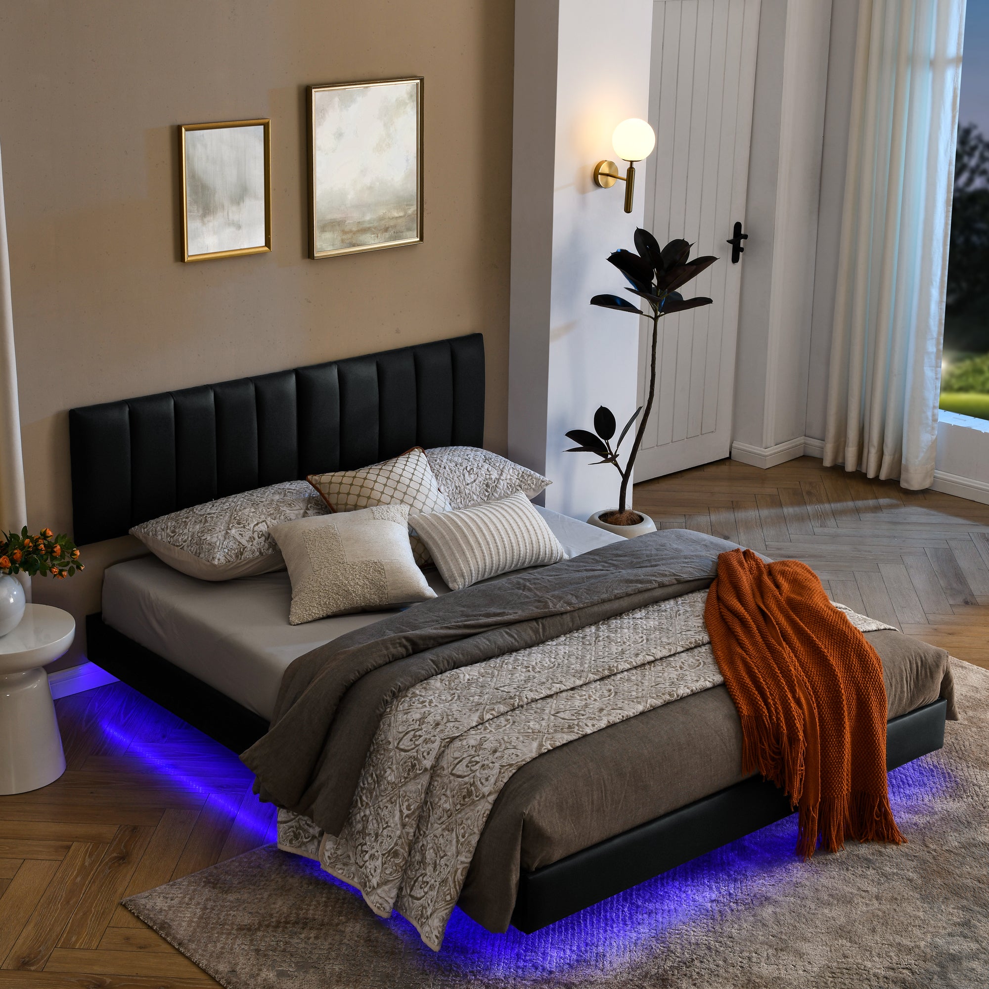 Queen Floating Bed Frame With Led Lights and Wall Mounted Headboard Modern Low Profile Led Platform Bed Frame Queen Size Faux Leather Upholstered Platform Bed Frame, No Box Spring Needed, Black