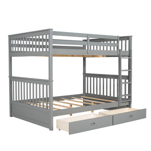 Full-Over-Full Bunk Bed with Ladders and Two Storage Drawers (Gray)