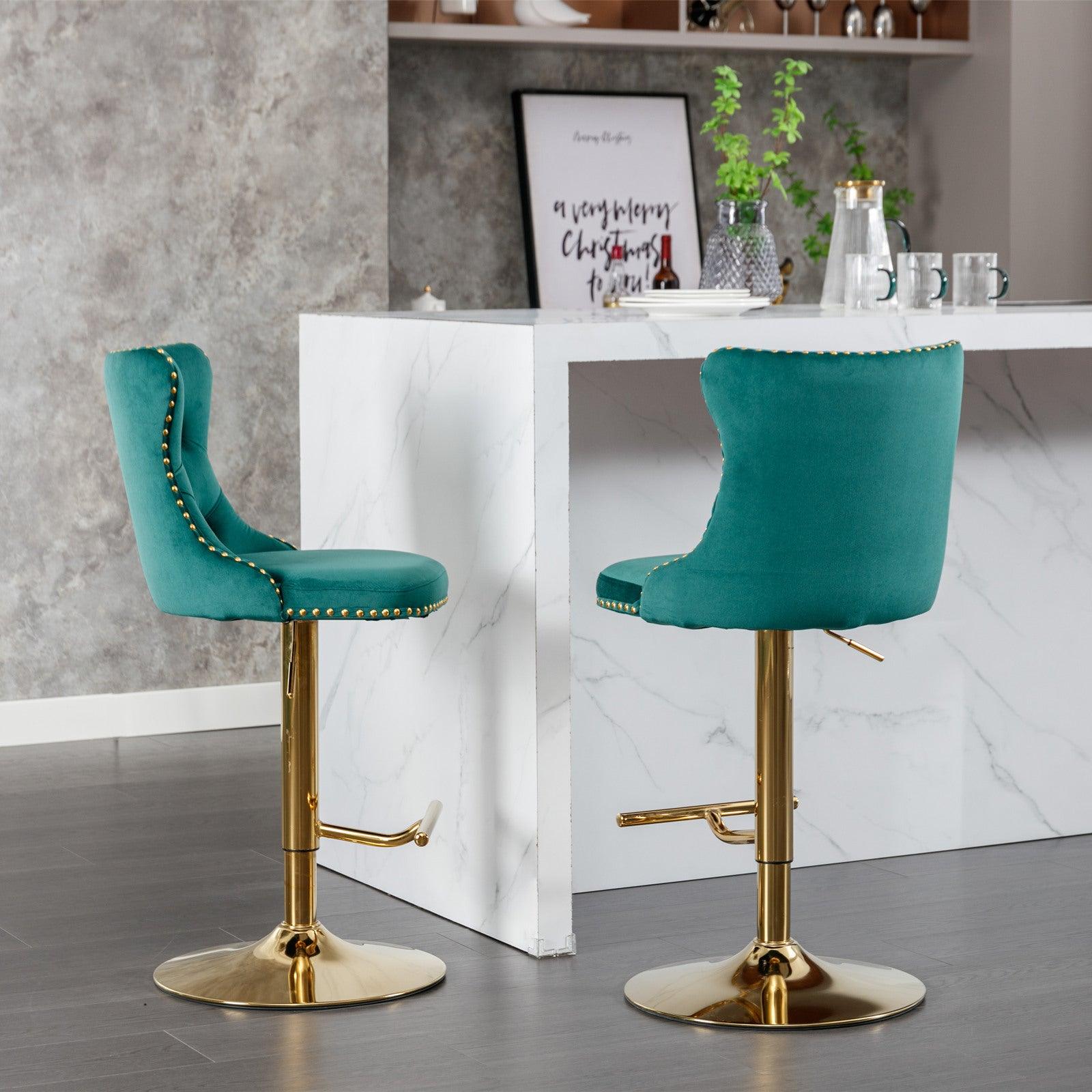 Golden Swivel Velvet Barstools Adjusatble Seat Height From 25-33 Inch, Modern Upholstered Bar Stools With Backs Comfortable Tufted For Home Pub And Kitchen Island（Green, Set Of 2）