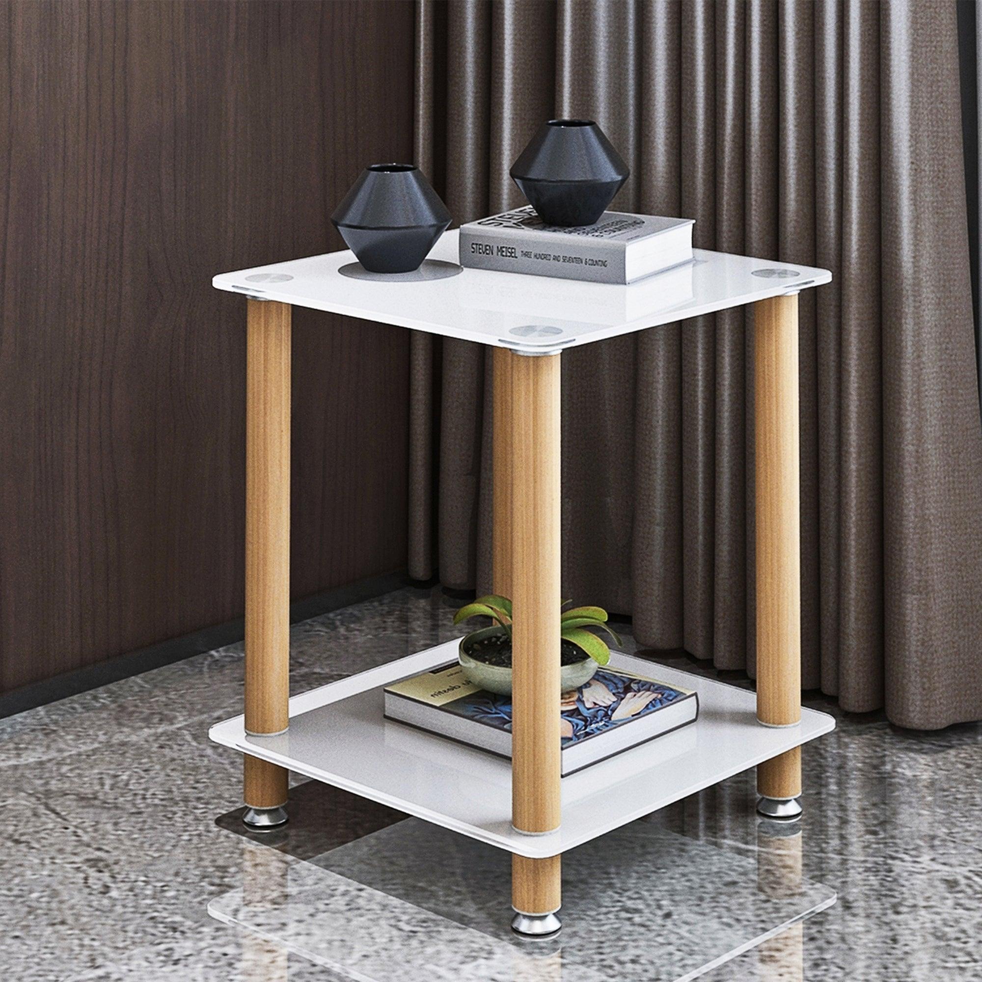🆓🚛 1-Piece White+Oak Side Table, 2-Tier Space End Table, Modern Night Stand, Sofa Table, Side Table With Storage Shelve