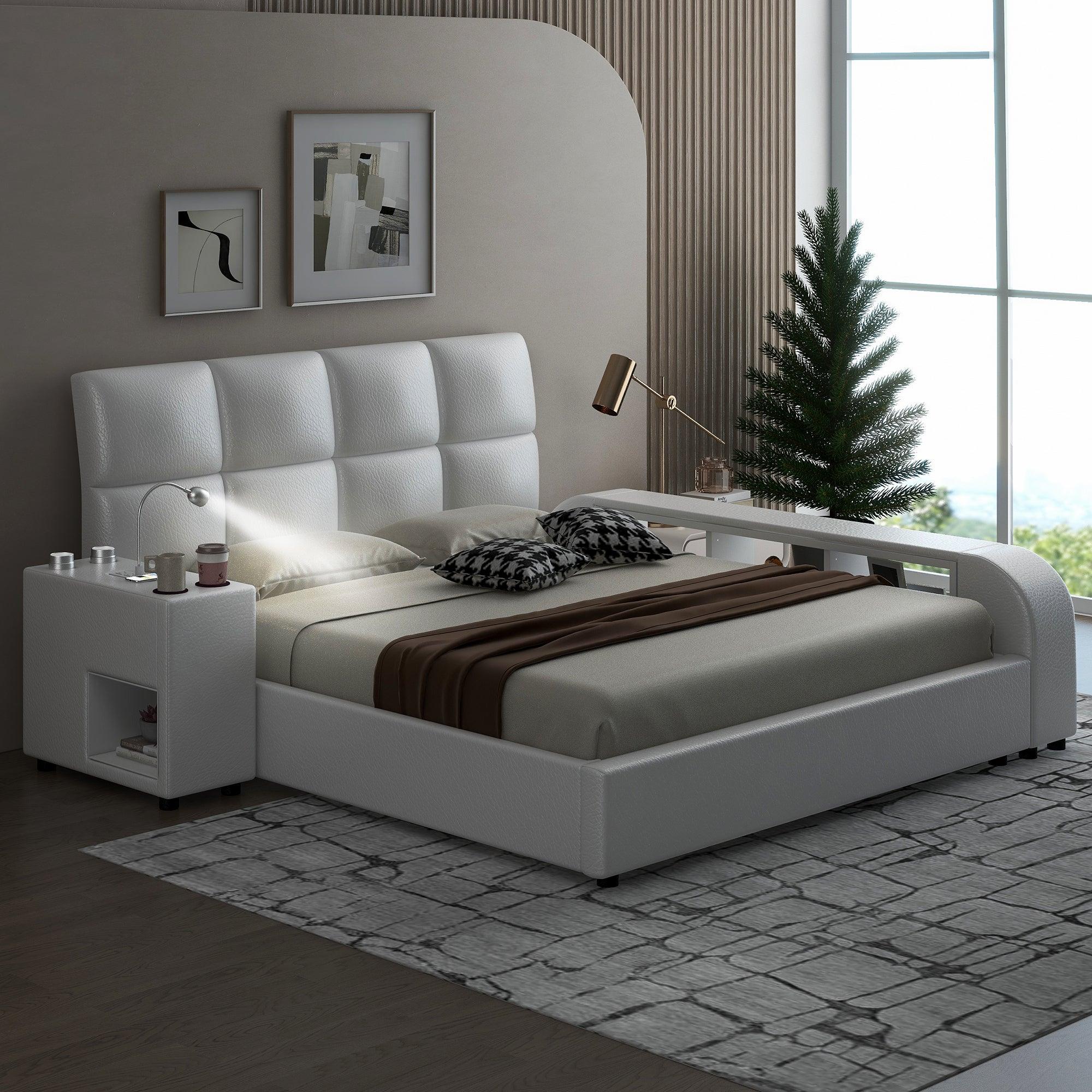 🆓🚛 Queen Size Upholstered Platform Bed With Multimedia Nightstand & Storage Shelves, White