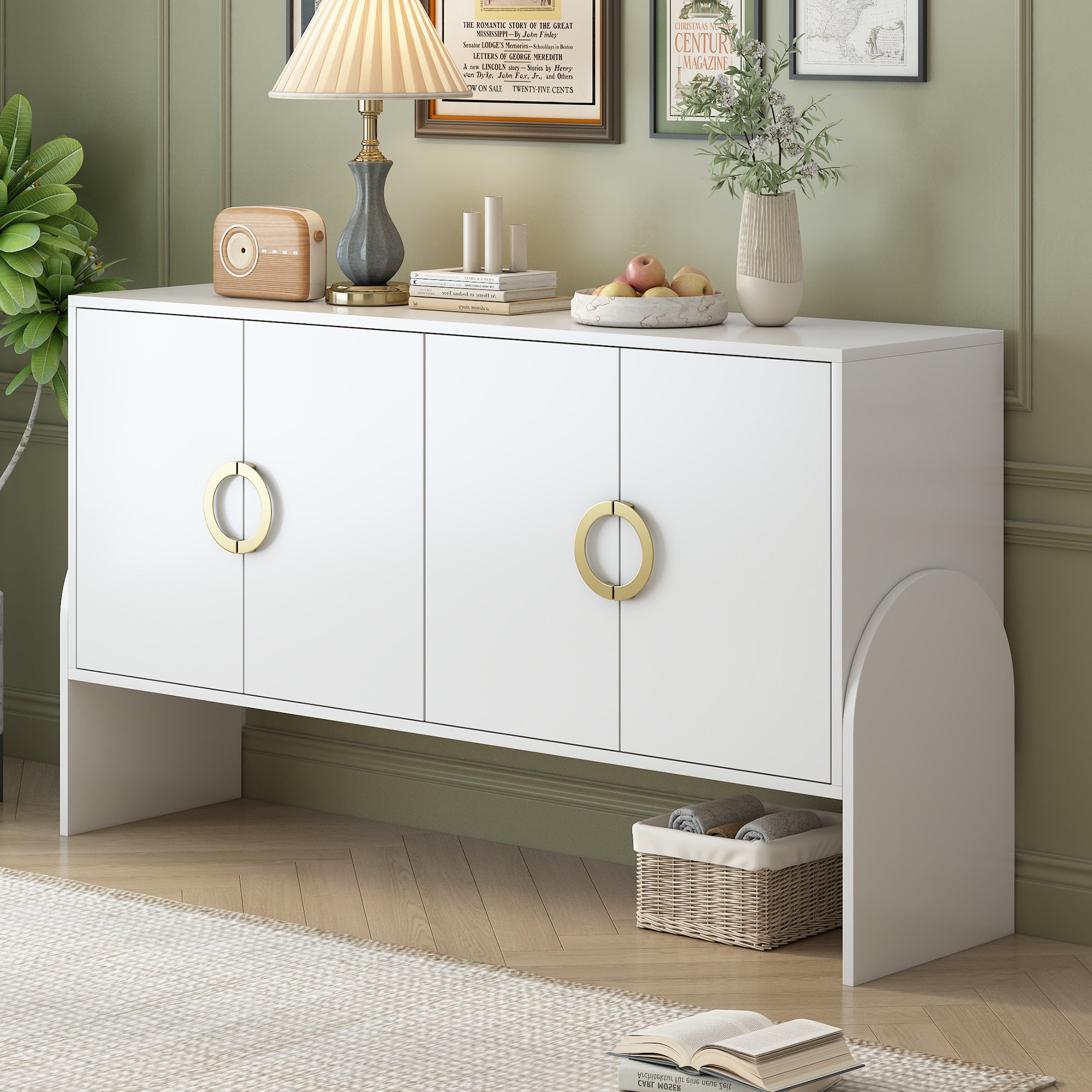 🆓🚛 4-Door Storage Cabinet, Metal Handle, Suitable for Study, Living Room, Bedroom, White